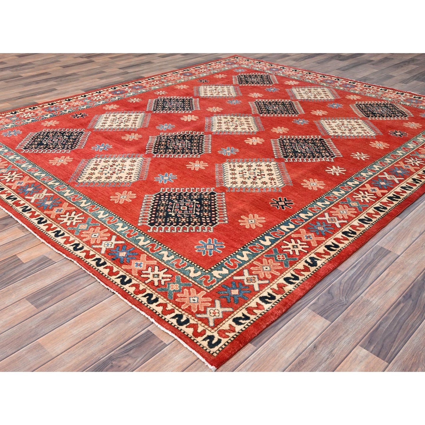 8'1"X9'9" Red Special Kazak All Over Medallions Wool Hand Knotted Rug