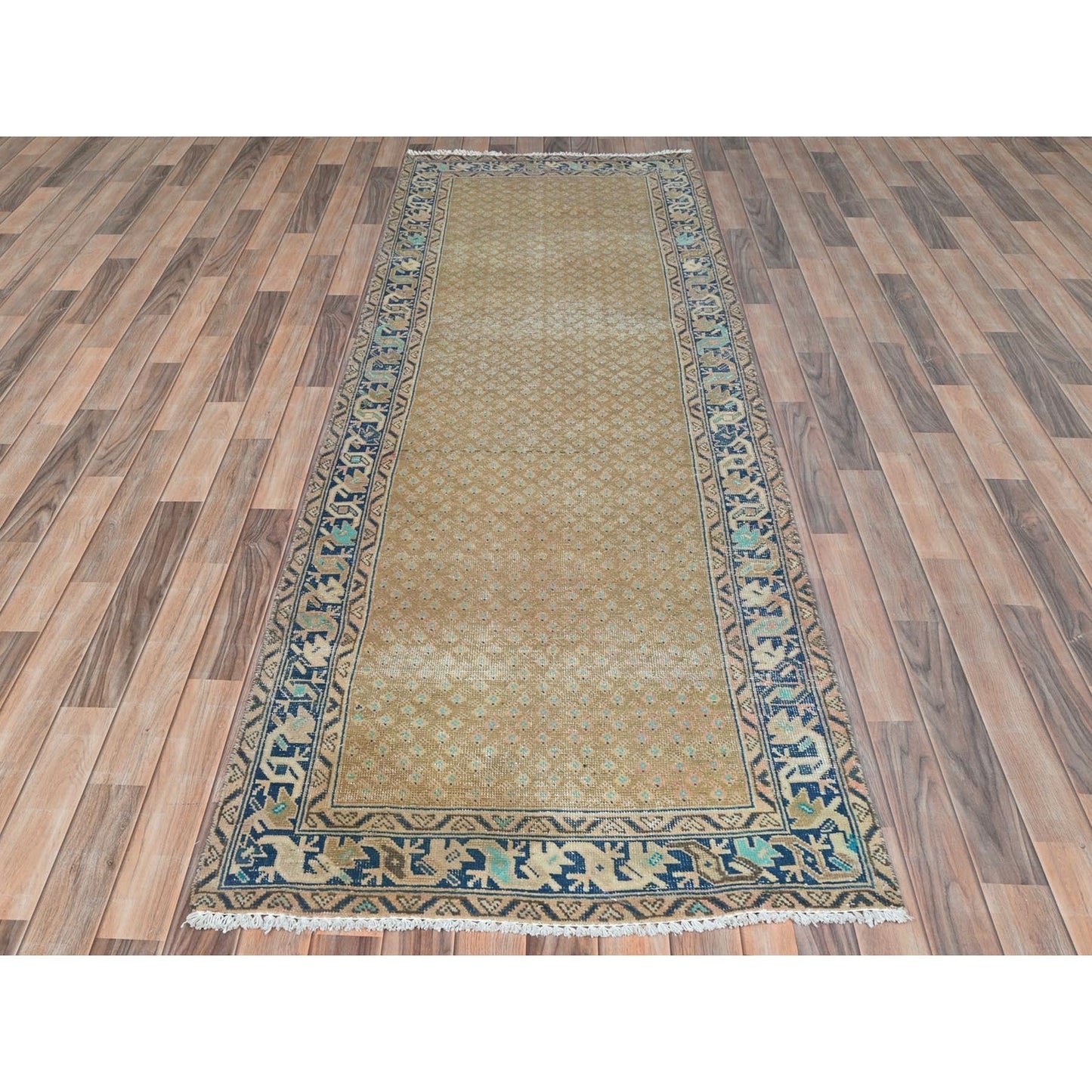 3'3"X9'9" Mocha Brown Vintage Farsian Serrib Hand Knotted Wool Runner Rug