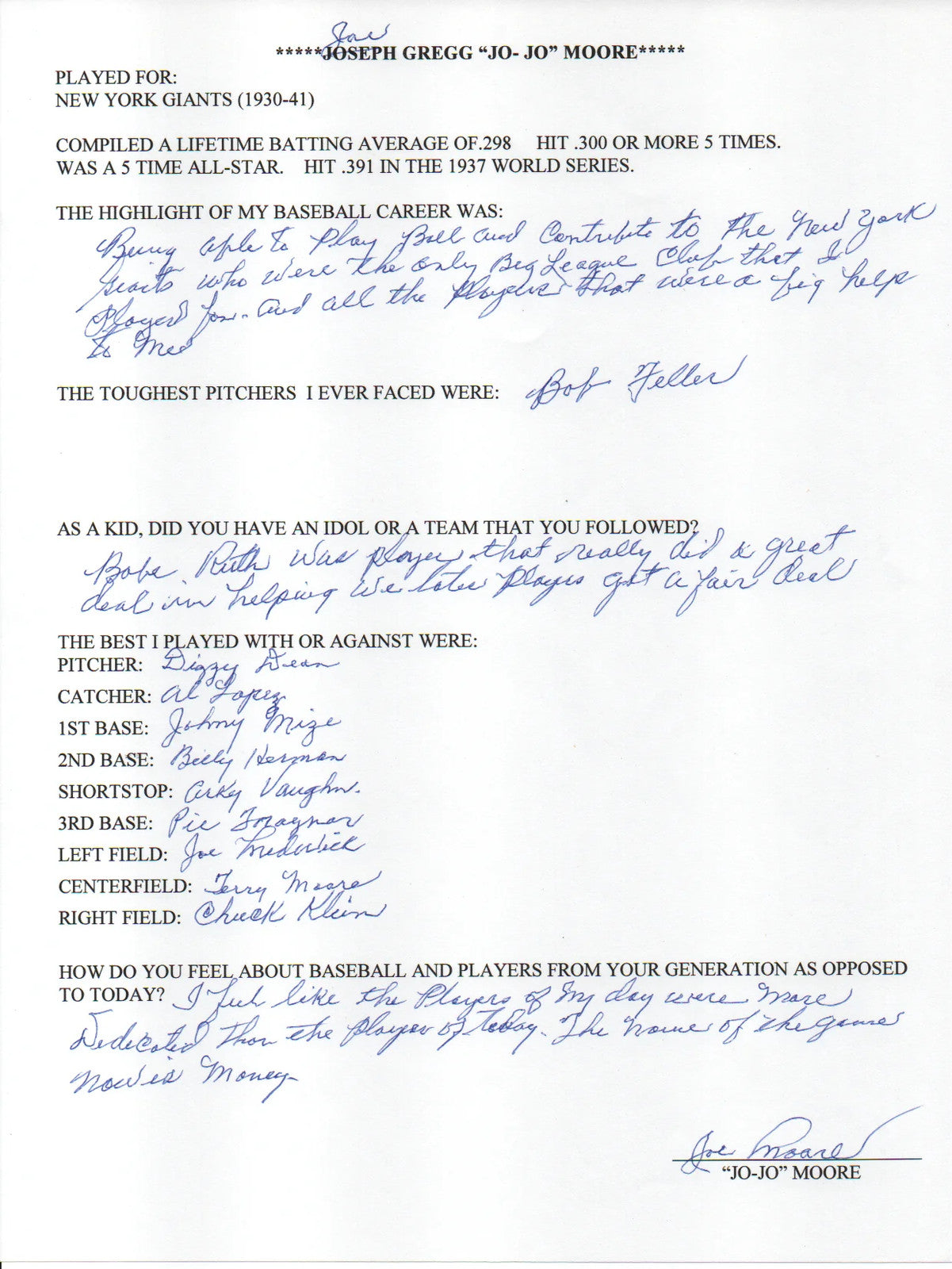 Jo-Jo Moore Autographed Hand Filled Out Survey Page (Jsa)