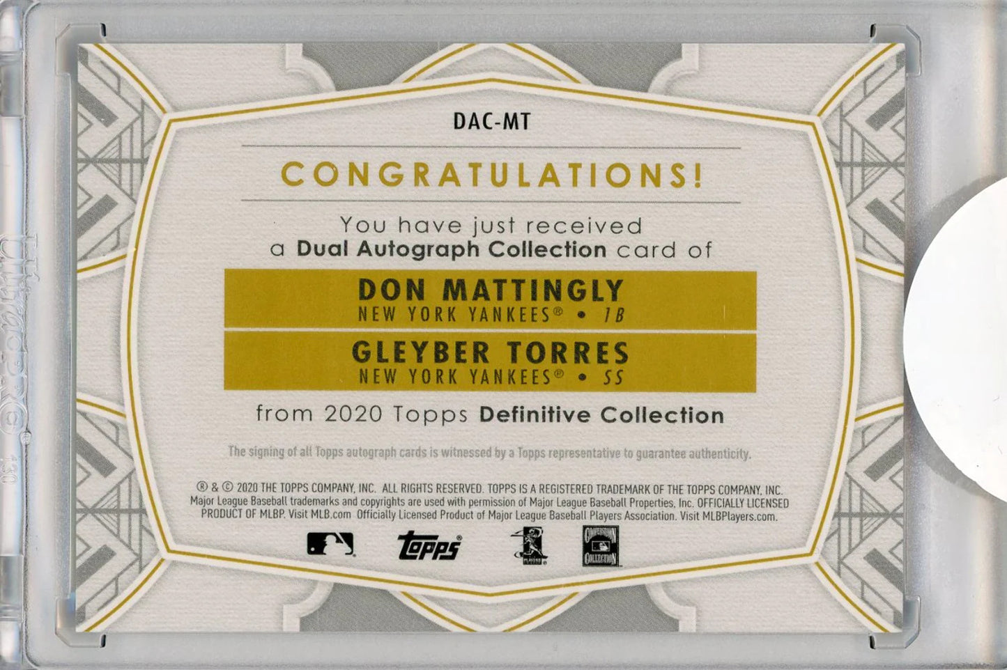 Don Mattingly & Gleyber Torres Autographed 2020 Topps Definitive Collection Card