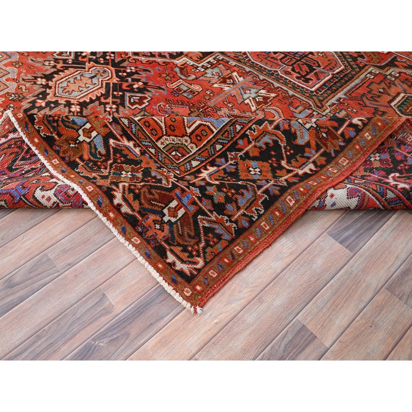 10'1"X13'2" Red Semi Antique Zoroastrian Heris Worn Wool Hand Knotted Rug