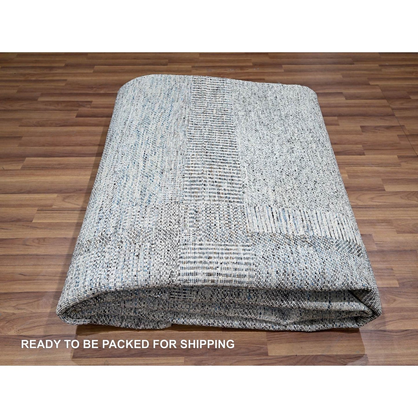 9'X12'1" Barely Blue Modern Geometric Plaid Design Wool Hand Knotted Rug