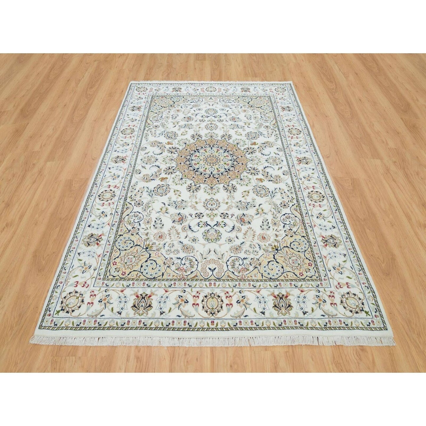 6'1"X9'1" White Hand Knotted Nain Design 250 Kpsi Natural Wool Rug