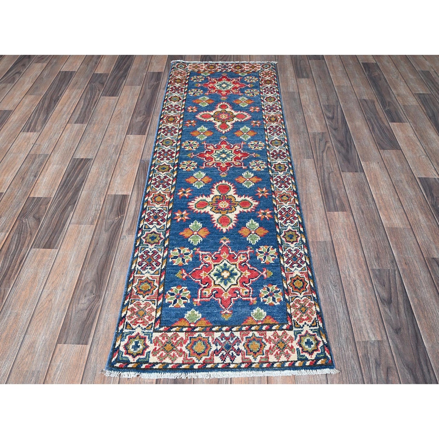 2'X5'9" Blue Kazak With Tribal Design Hand Knotted Soft Wool Runner Rug