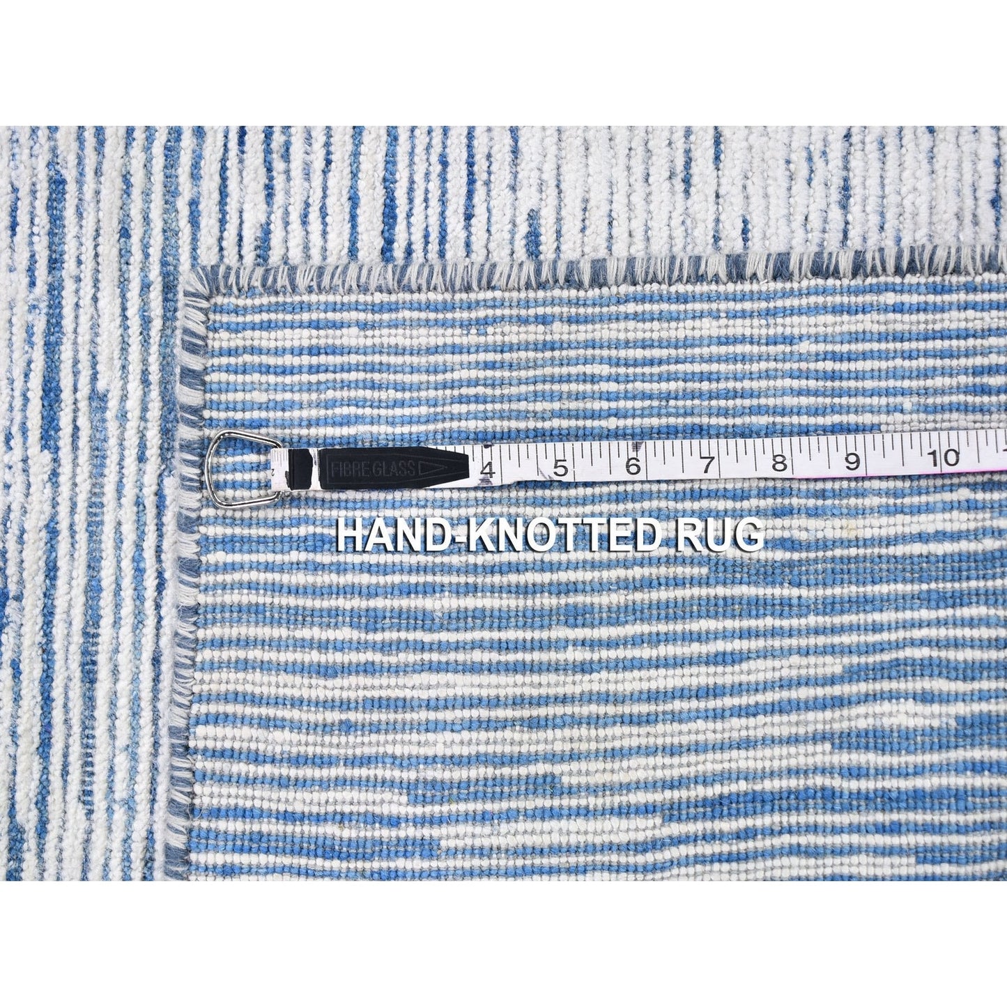 2'X3' Blue Silk With Text Wool Striae Design Hand Knotted Oriental Rug