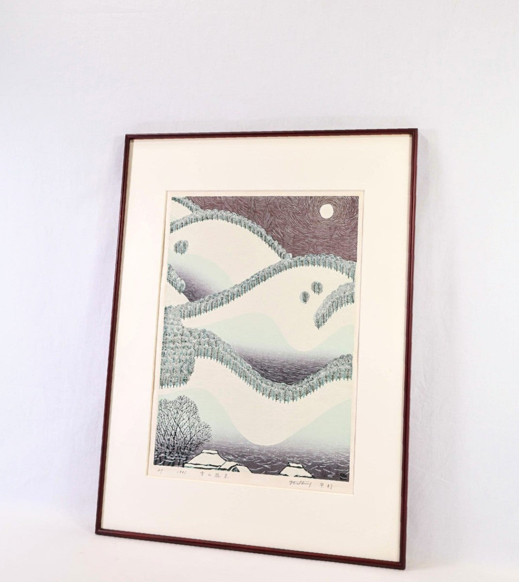 Munenori Makino Woodblock Print "Snowy Mountain Light" 1981 A.P Signed Japan