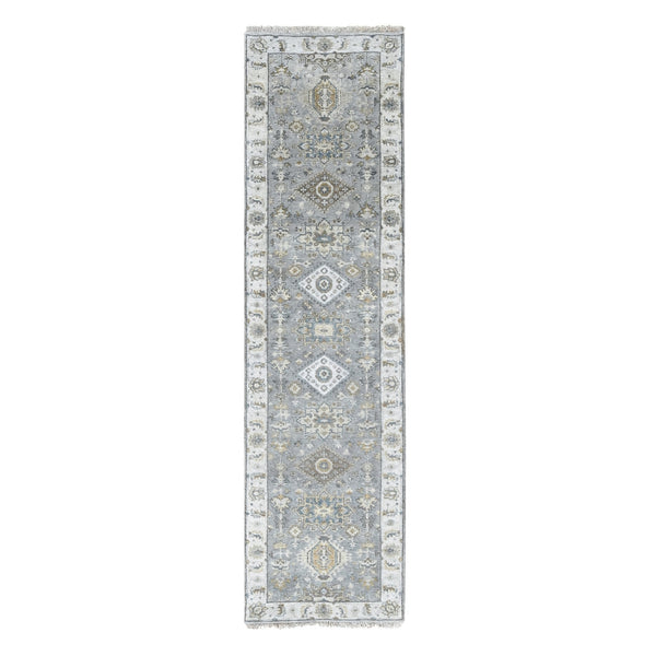 2'7"X10' Gray Karjihooz Design Natural Wool Hand Knotted Runner Rug