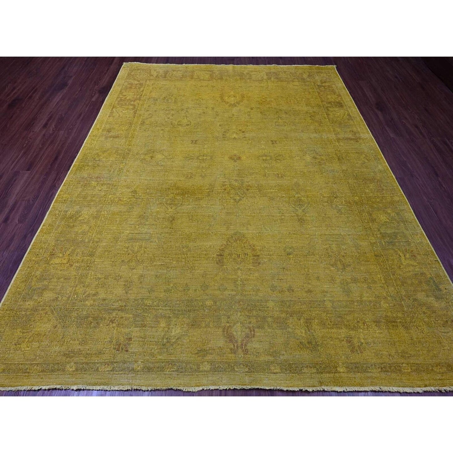 7'7"X9'7" Yellow Overdyed Zero Pile Tribal Design Hand Knotted Wool Rug