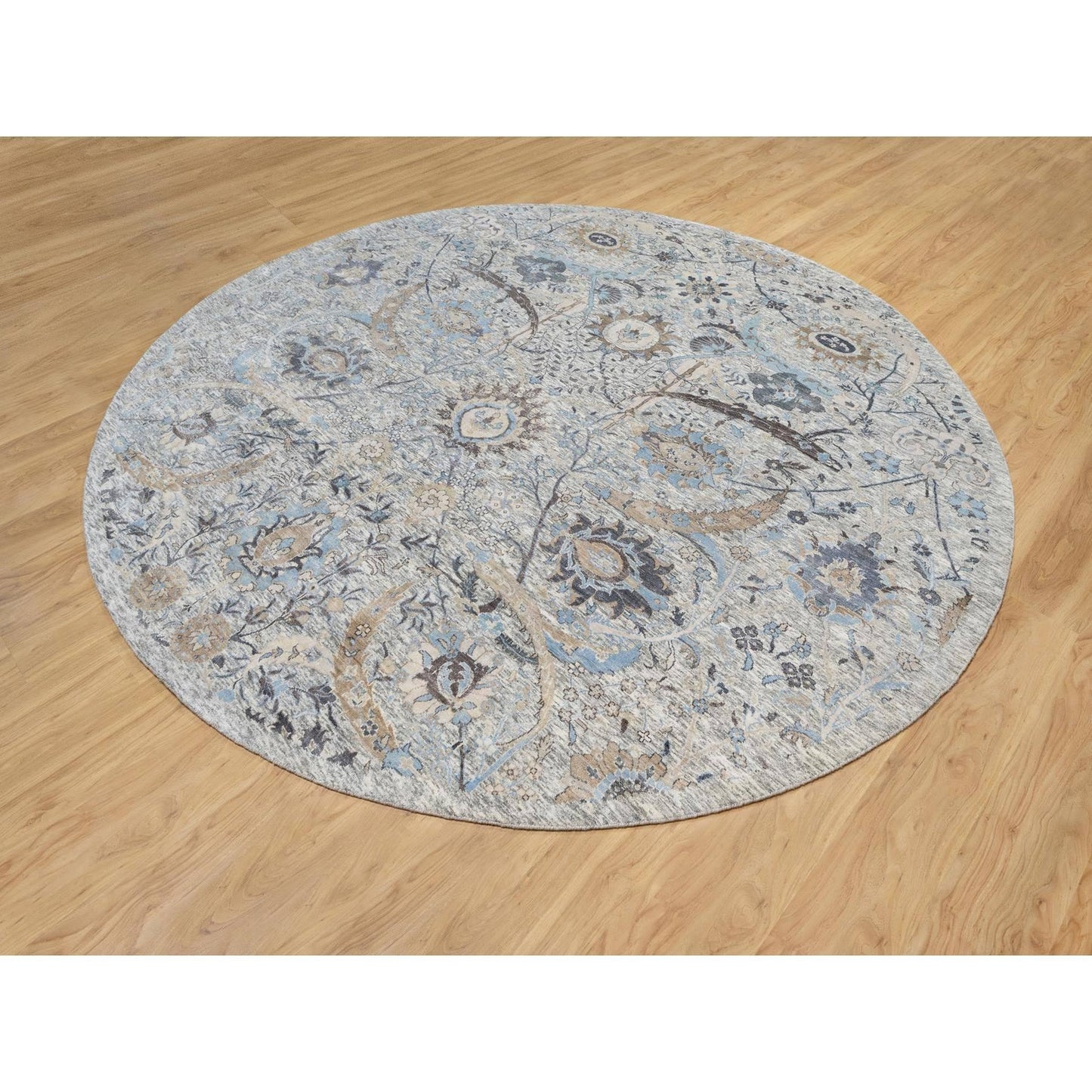 10'X10' Tahira White Hand Knotted Silk And Wool Sickle Leaf Round Rug