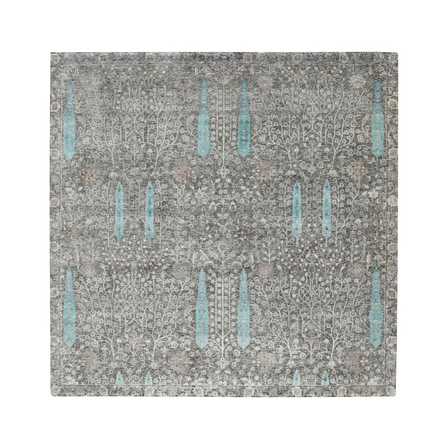 10'X10' Square Cypress Tree Design Silk Withtextured Wool Handknotted Rug