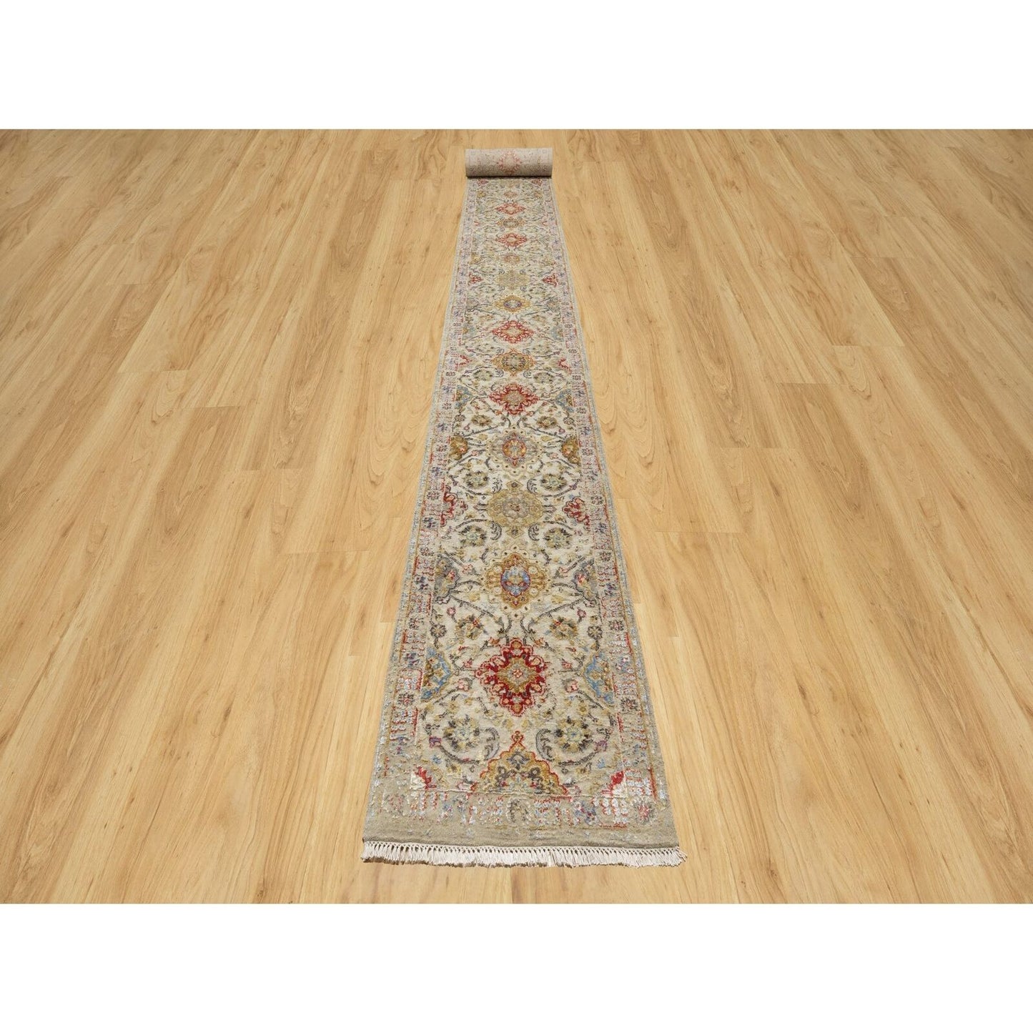 2'7"X26' Beige The Sunset Rosettes Wool And Silk Hand Knotted Runner Rug