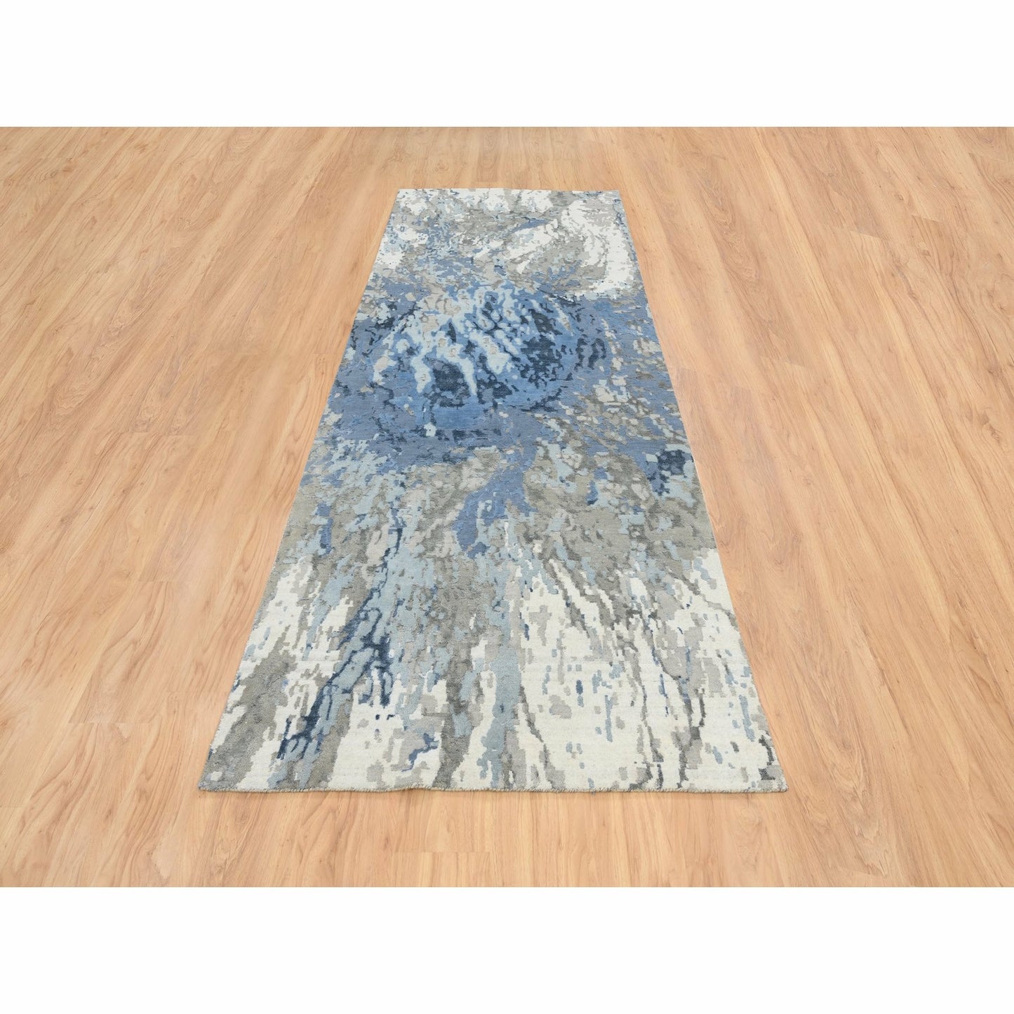 4'2"X11'9" Blue Modern Design Wool And Silk Hand Knotted Wide Runner Rug