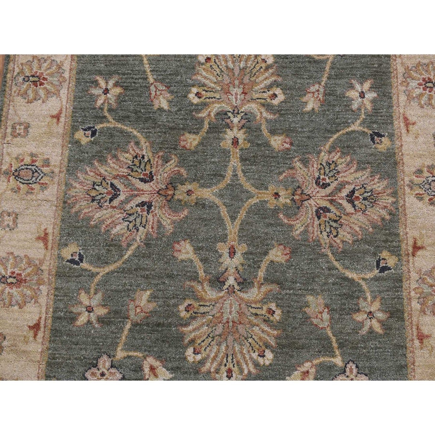 3'6"X32'2" Moss Green Pure Wool Hard Twist Agra Runner Hand Knotted Rug