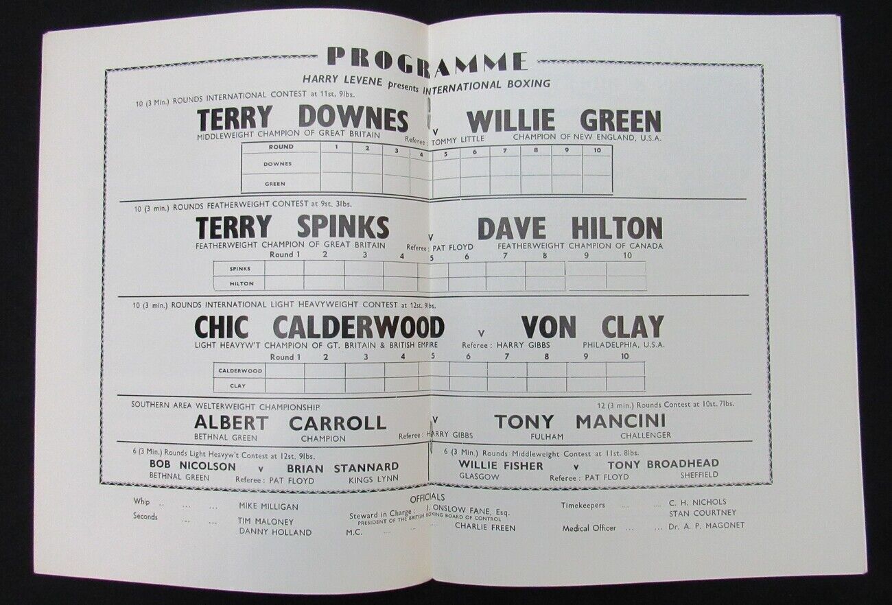 1961 Terry Downes Vs. Willie Green Boxing Program