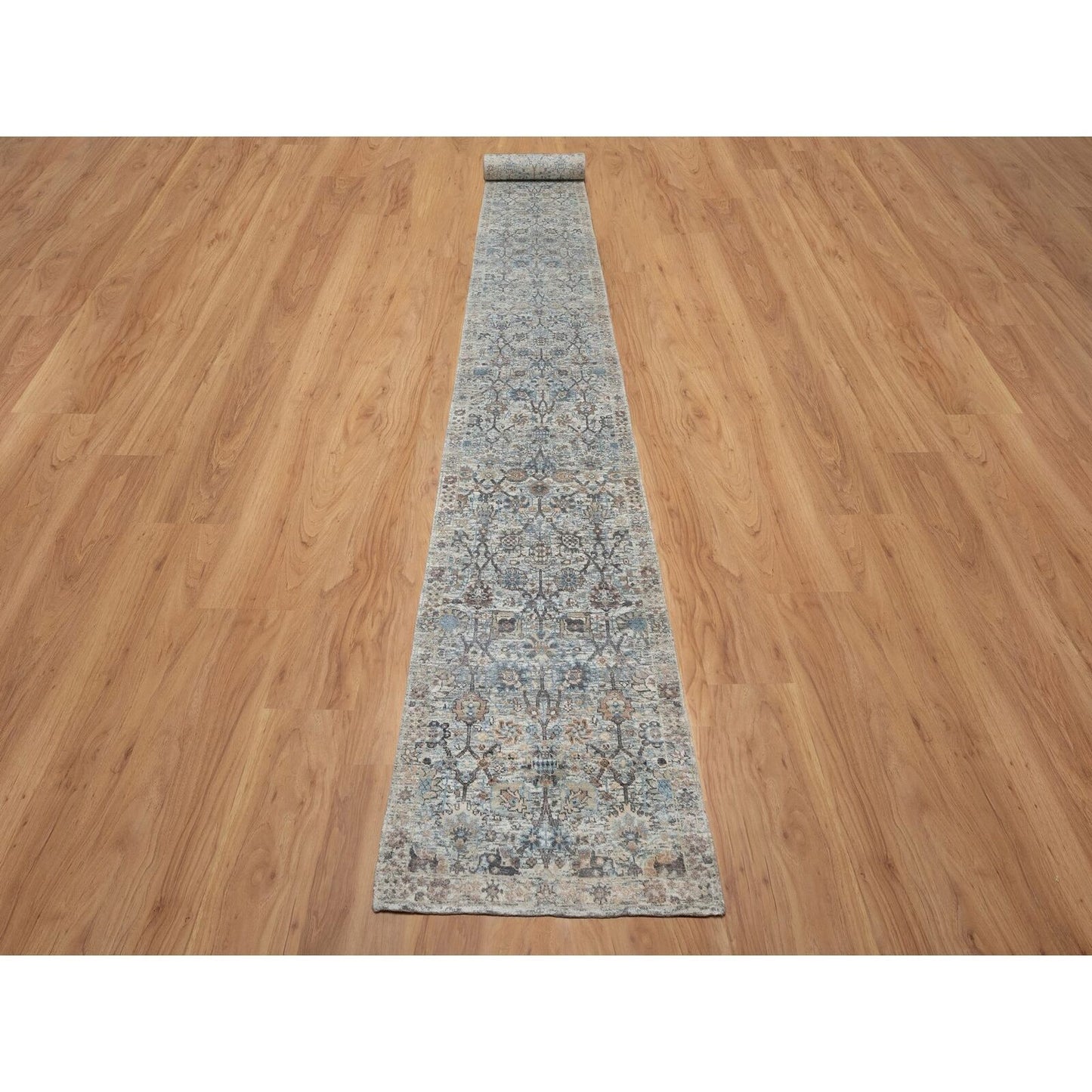 2'7"X25'9" White Sickle Leaf Design Silk & Wool Hand Knotted Runner Rug