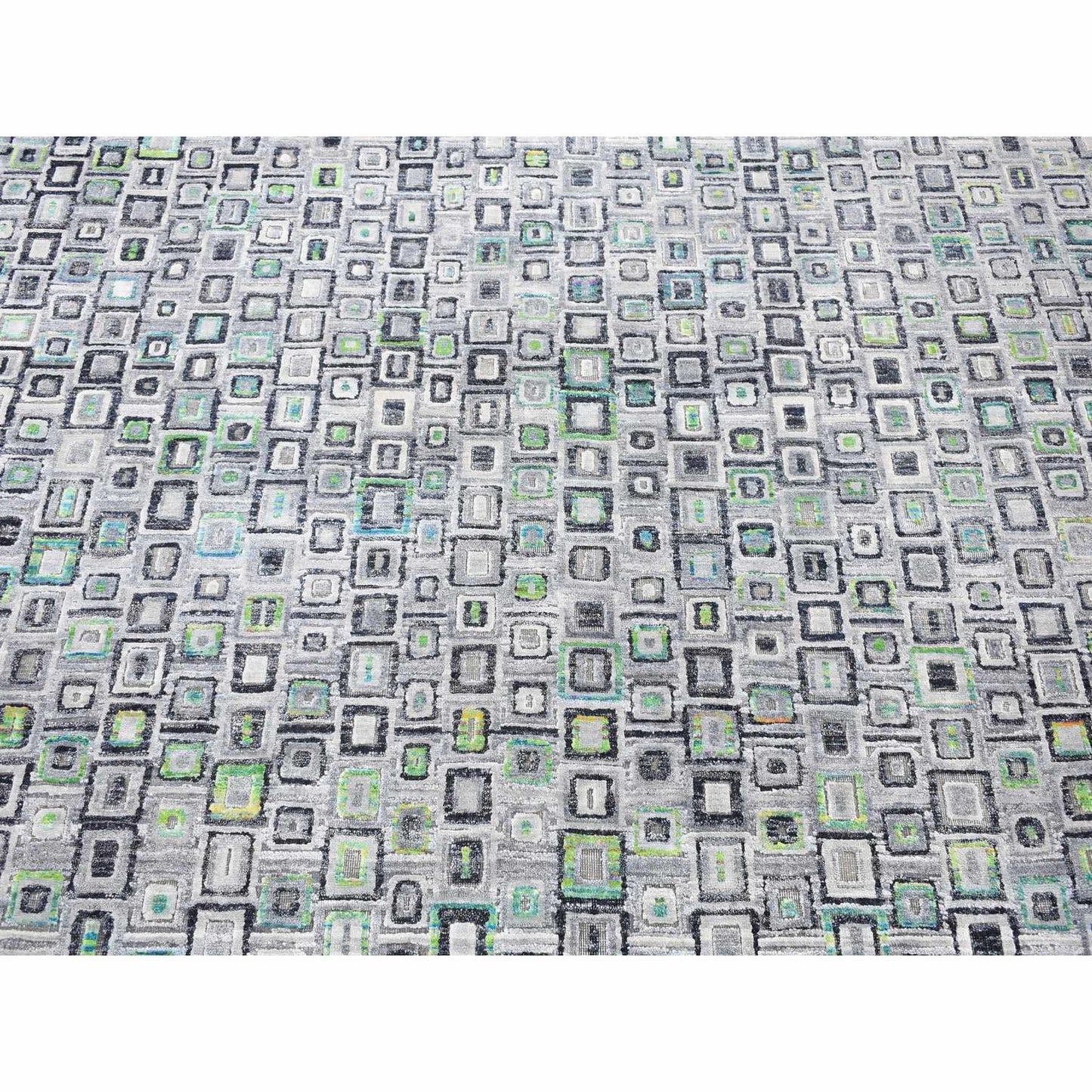 9'X12'3" Gray Silk With Wool Psefas Square Design Hand Knotted Rug