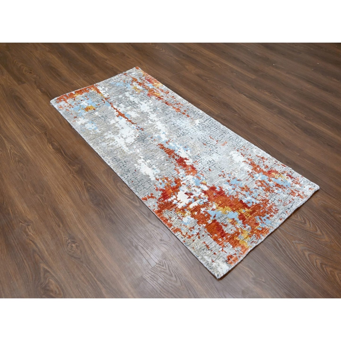2'7"X5'10" Orange Abstract Design Wool And Silk Hand Knotted Runner Rug