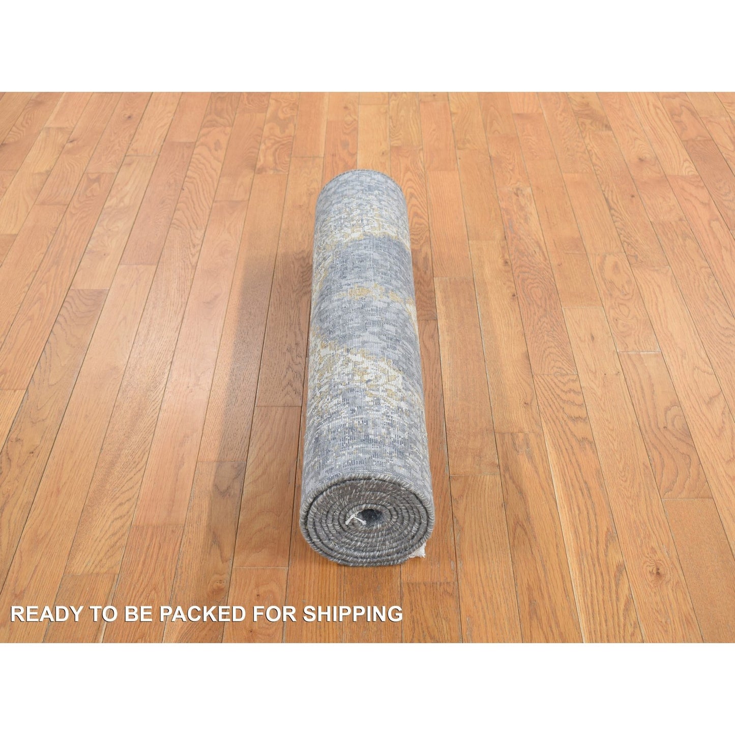 3'2"X10' Gray Zoroastrian Design Wool And Silk Hand Knotted Runner Rug