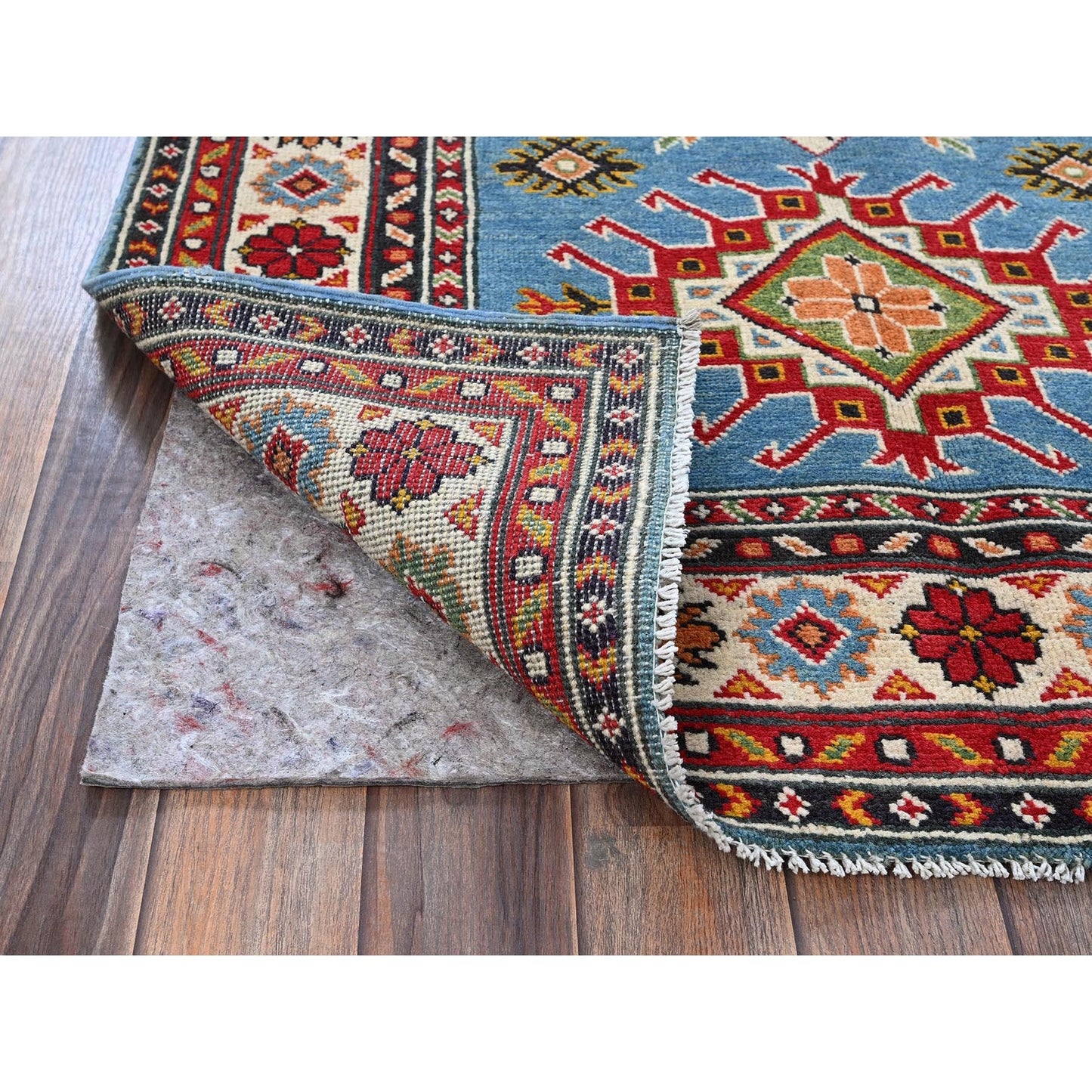 3'4"X4'10" Blue Kazak Geometric Design Hand Knotted Soft Wool Oriental Rug