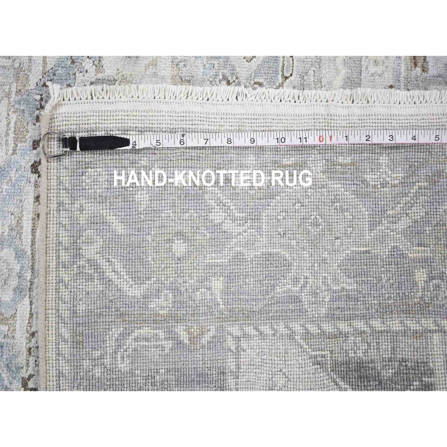 4'X6'2" Gray Pure Silk & Textured Wool Oushak Geometric Motif Rug