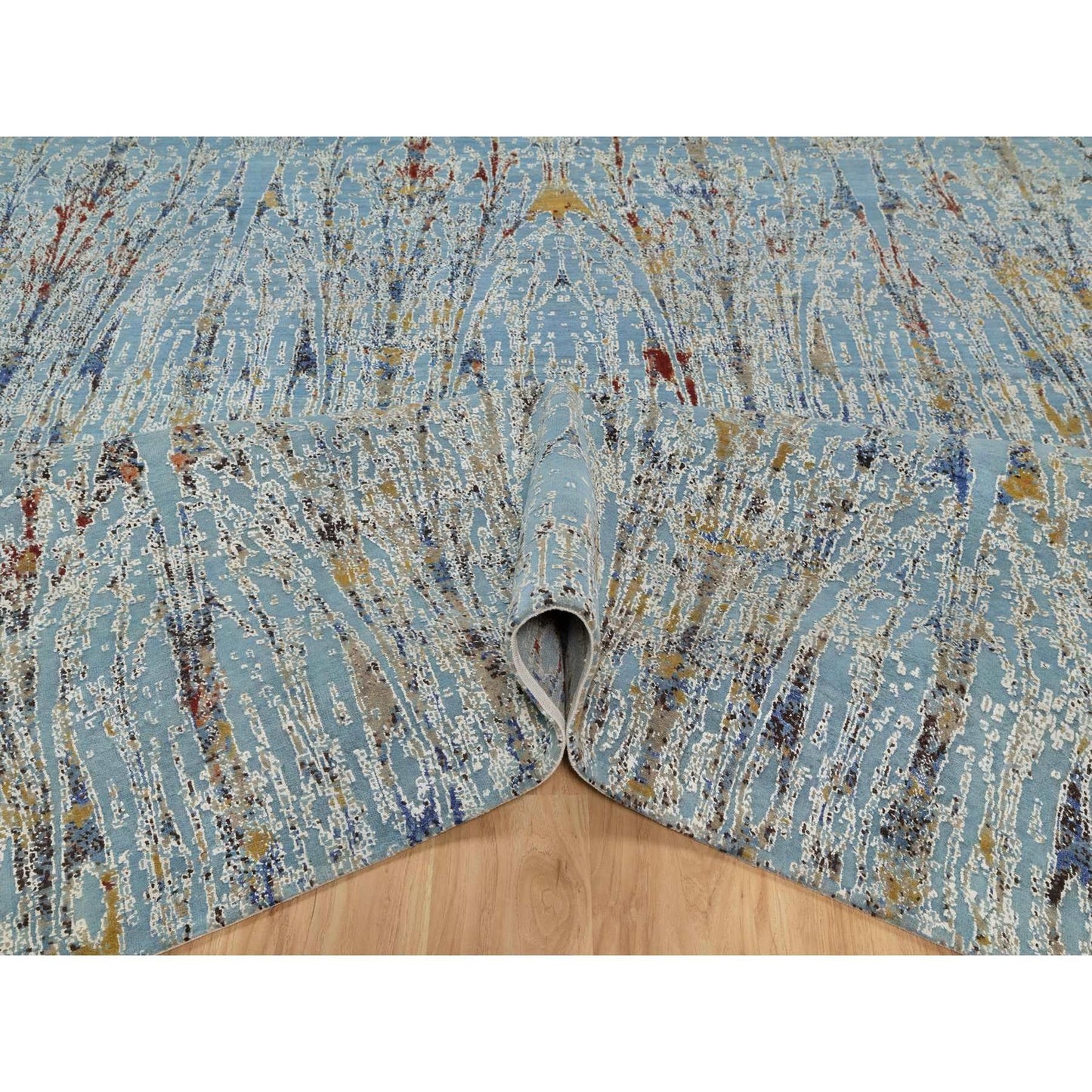 9'1"X12' Blue Modern Bamboo Cane Design Wool And Silk Hand Knotted Rug