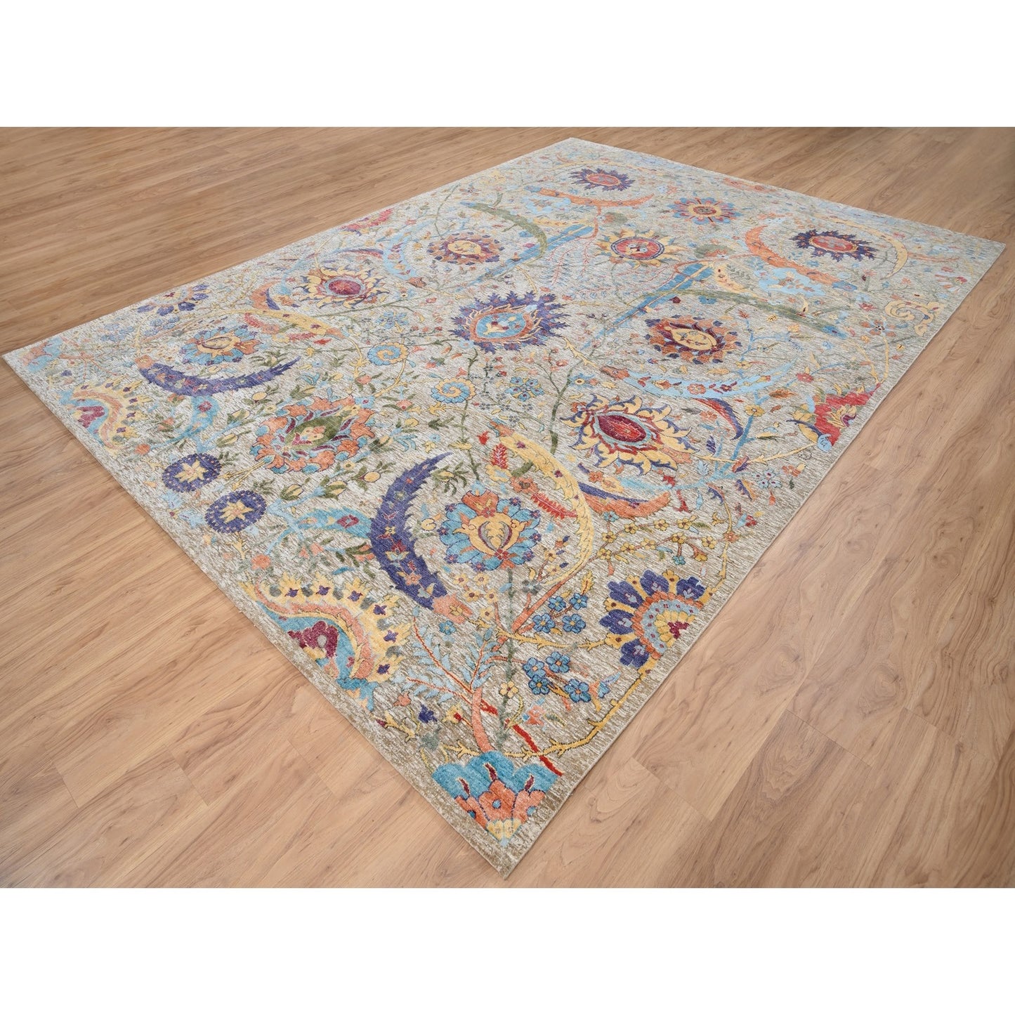 9'1"X12'4" Silk With Wool Hand Knotted Tan Sickle Leaf Design Rug