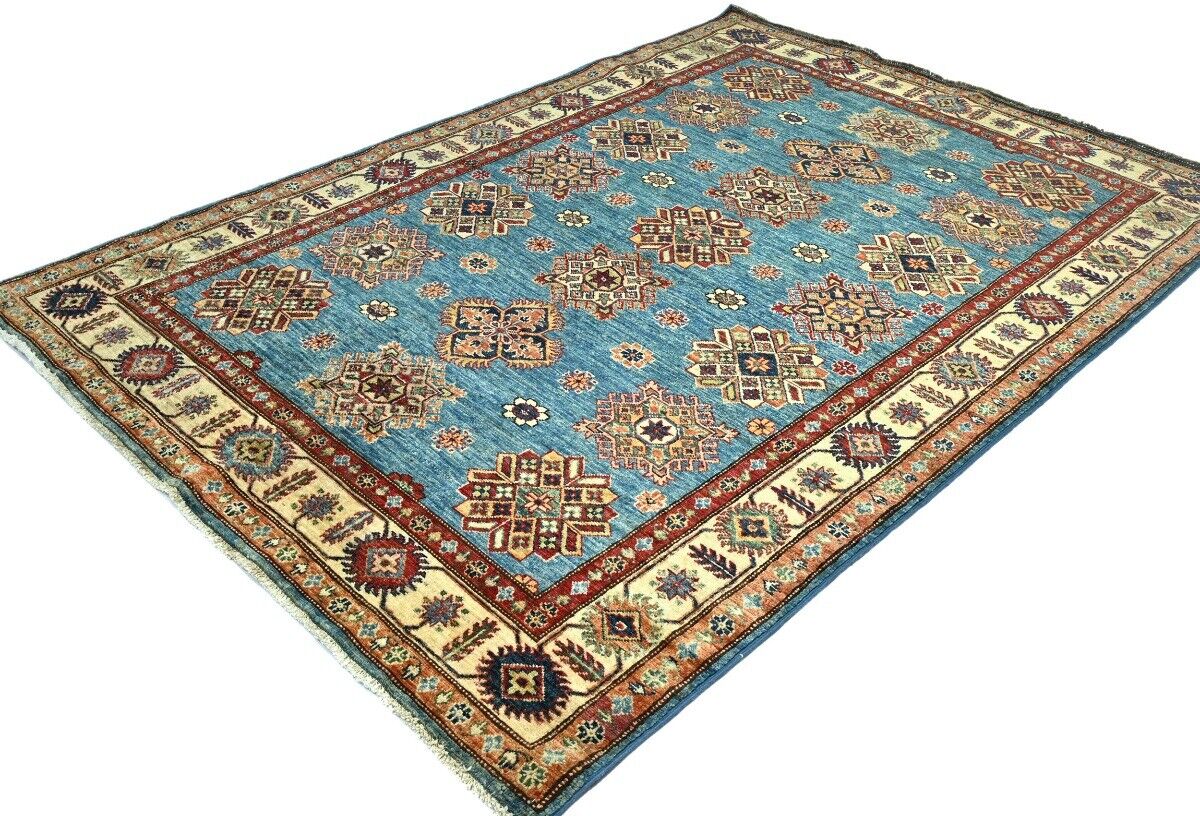 Tribal Geometric Kazak Area Rug Blue Farmho Boho
