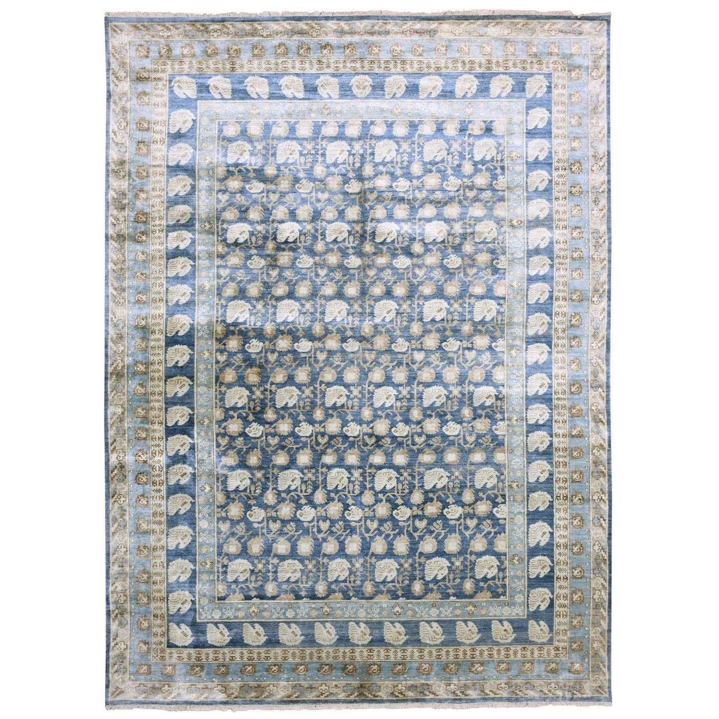 8'9"X12' Yale Blue Hand Knotted 100% Pure Real Silk Khotan Design Rug