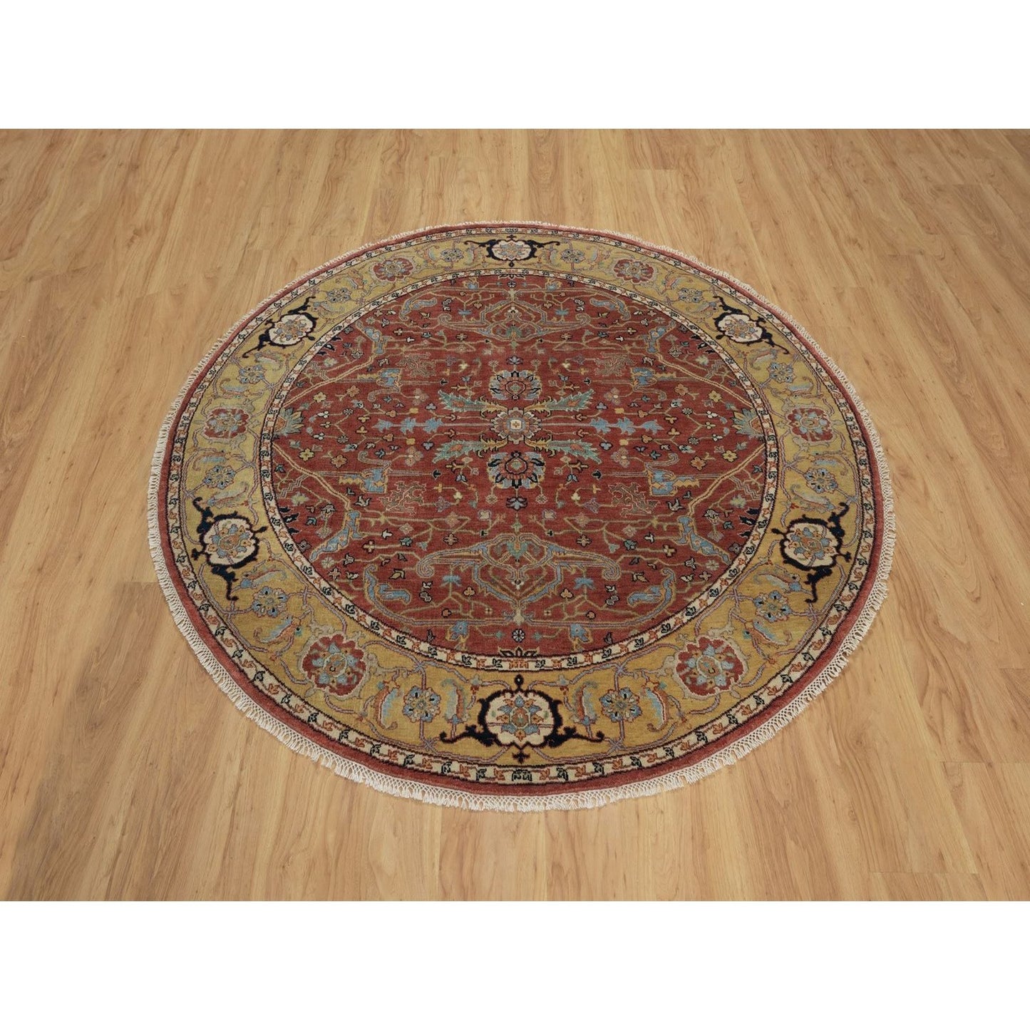 6'2"X6'2" Red Antiqued Fine Heris Hand Knotted New Zealand Wool Round Rug