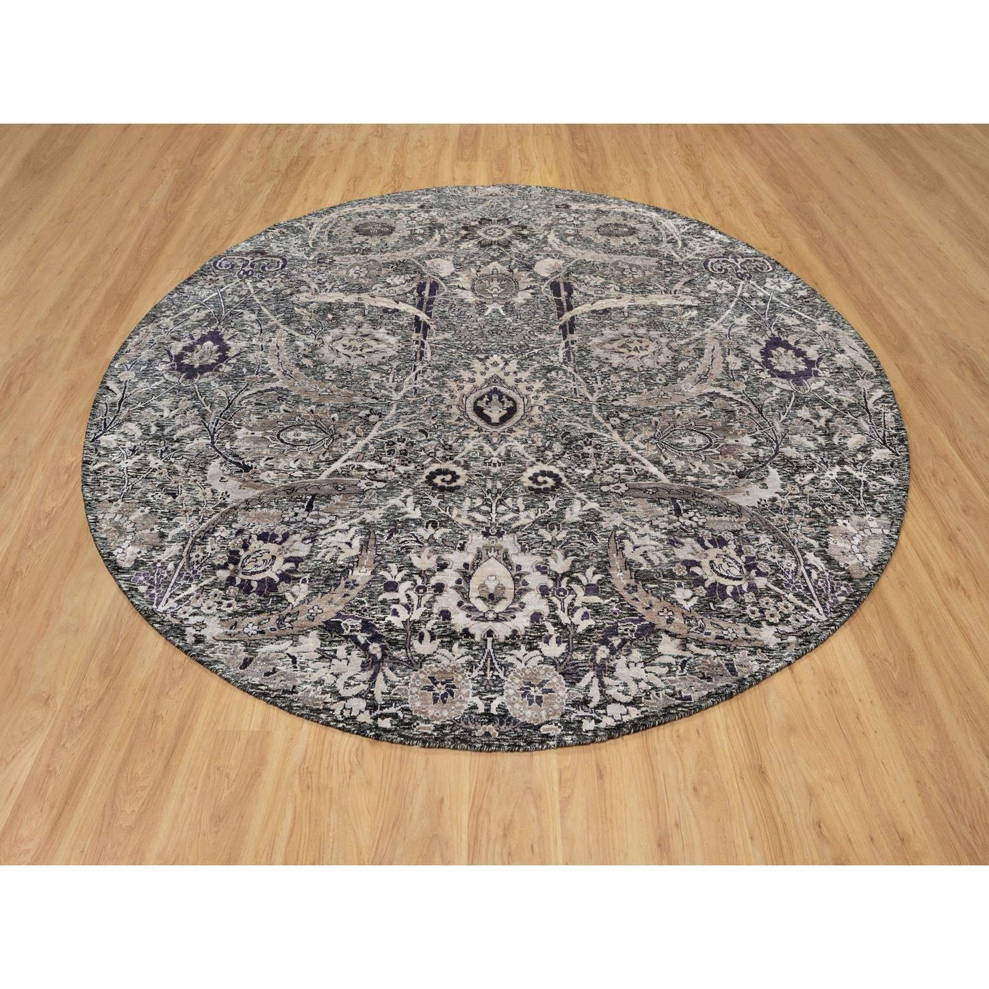10'X10' Brown Wool And Silk Hand Knotted Sickle Leaf Round Oriental Rug
