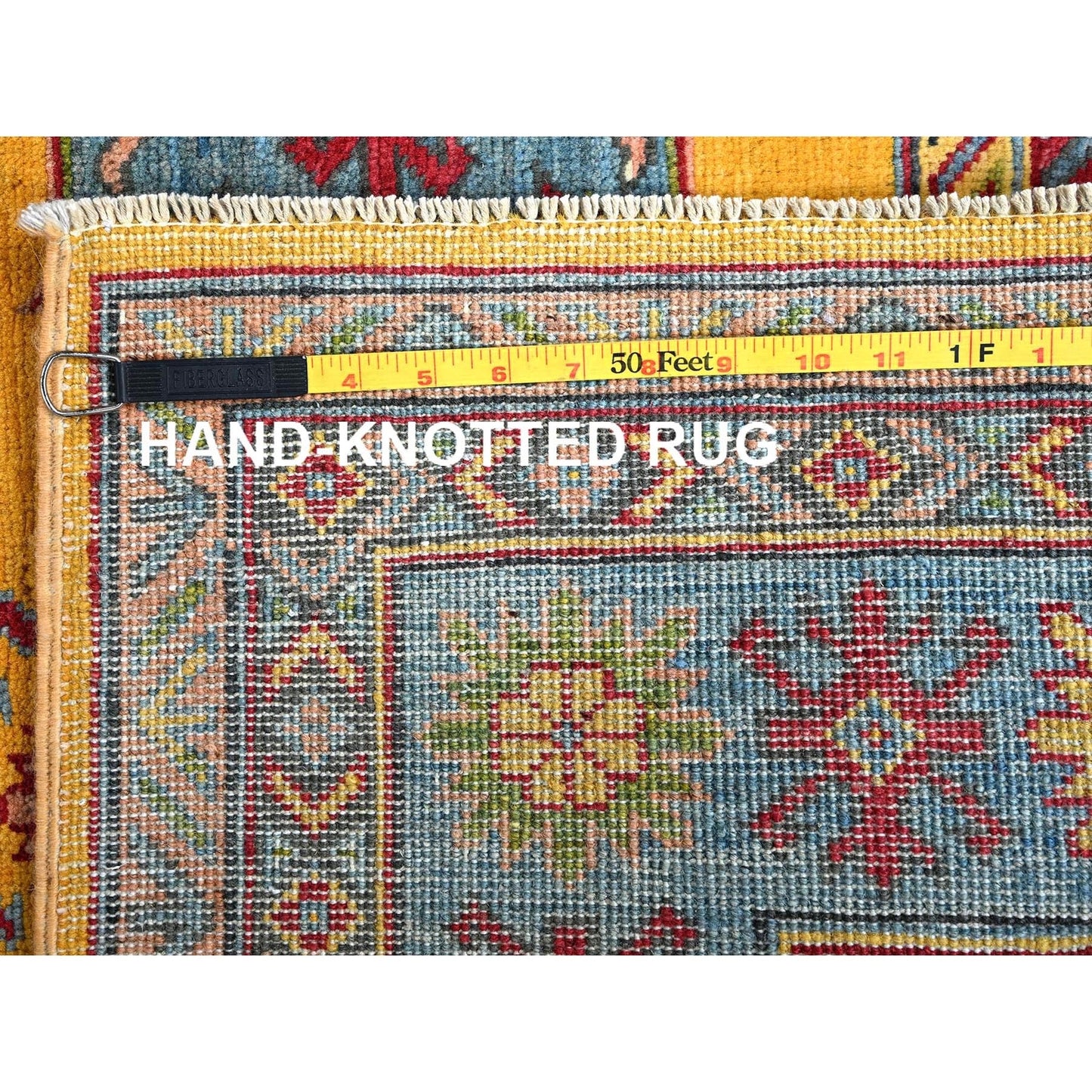 5'2"X6'7" Yellow Kazak With Geometric Design Hand Knotted Soft Wool Rug