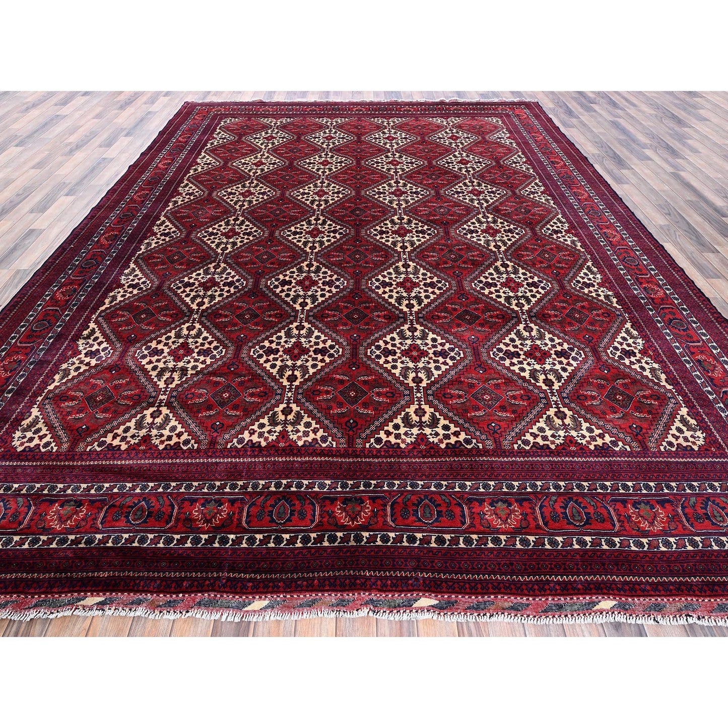 9'10"X13' Red Afghan Khamyab With Geometric Design Hand Knotted Wool Rug