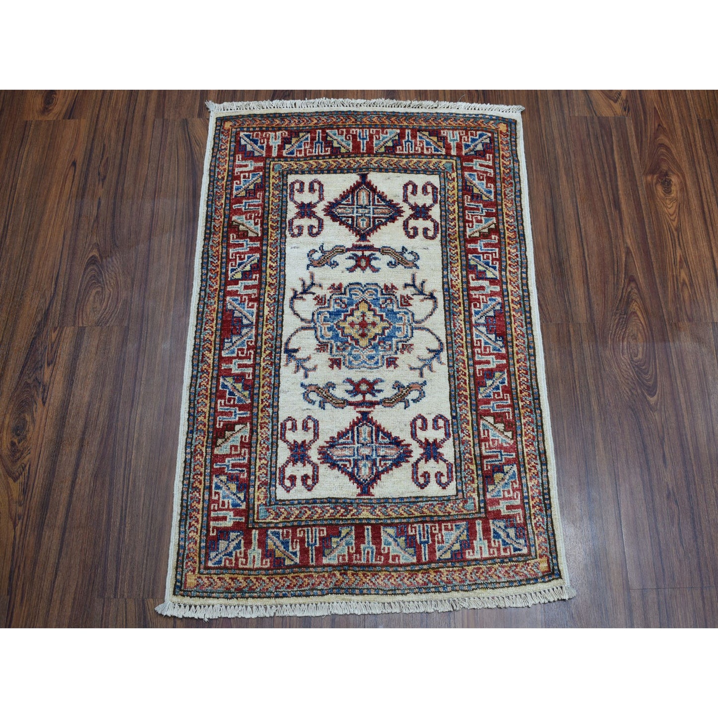2'2"X3'1" Ivory Super Kazak Pure Wool Geometric Design Handmade Rug