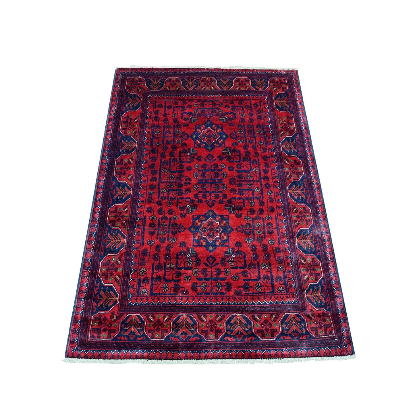 3'3"X4'9" Deep Red Afghan Khamyab Star Design Pure Wool Hand Knotted Rug