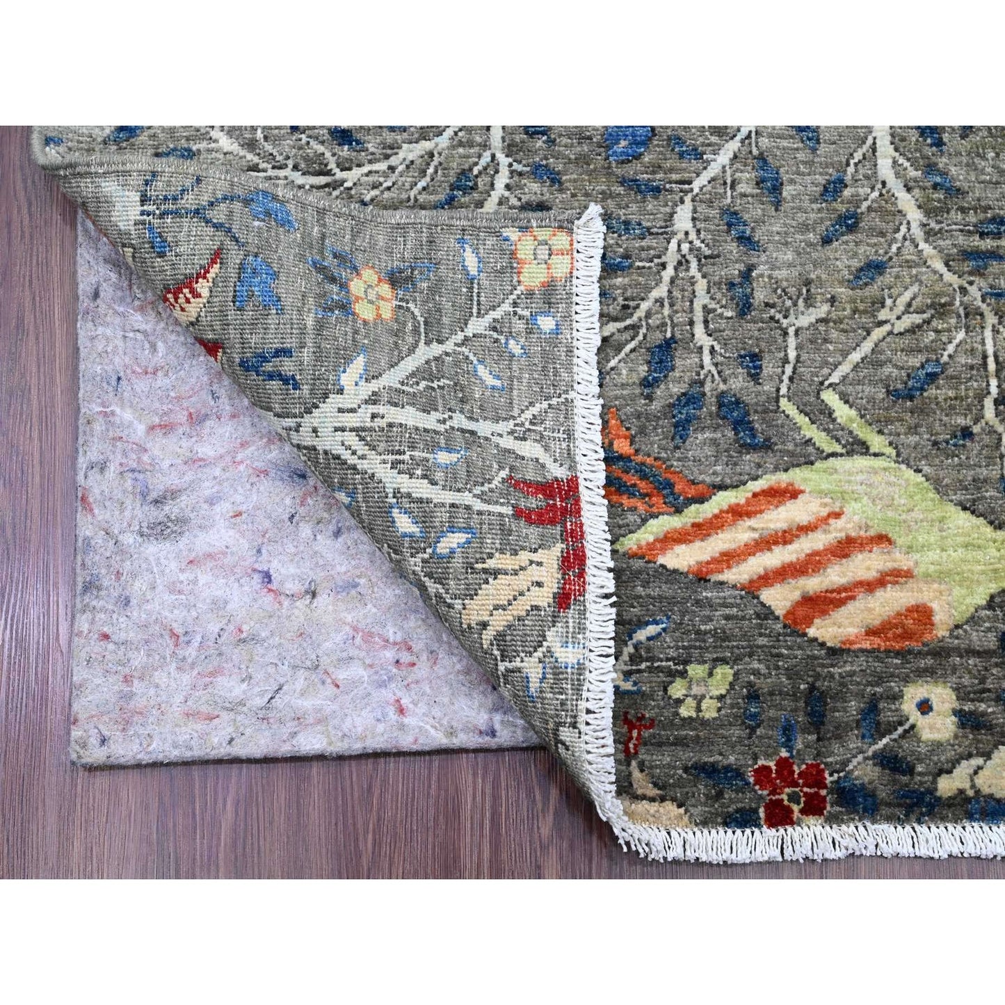 4'X16'4" Dim Gray Afghan Birds Design Hand Knotted Soft Wool Runner Rug