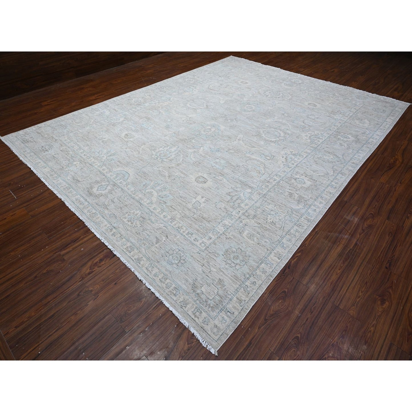 10'X13' Pewter Gray Hand Knotted White Wash Peshawar Wool Oriental Rug