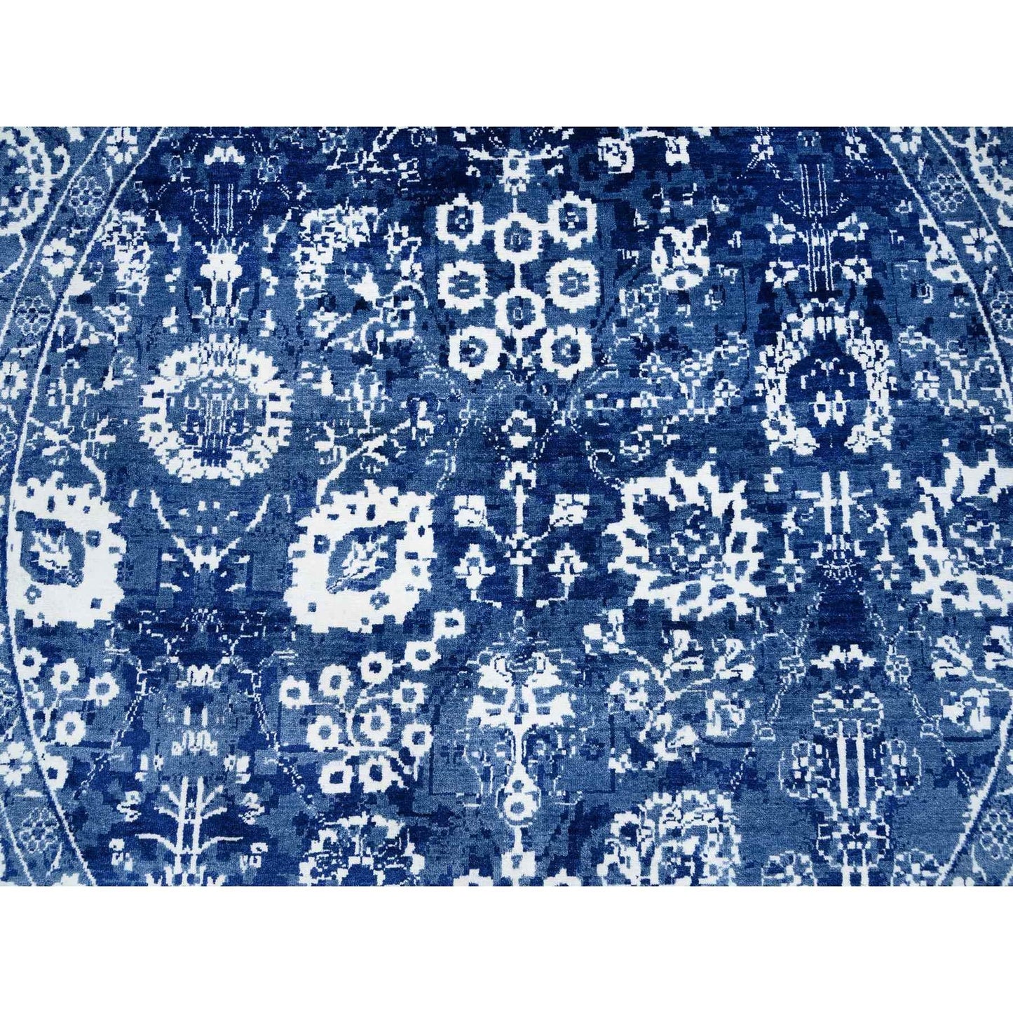 8'2"X8'2" Denim Blue Wool And Silk Hand Knotted Tebraz Round Rug