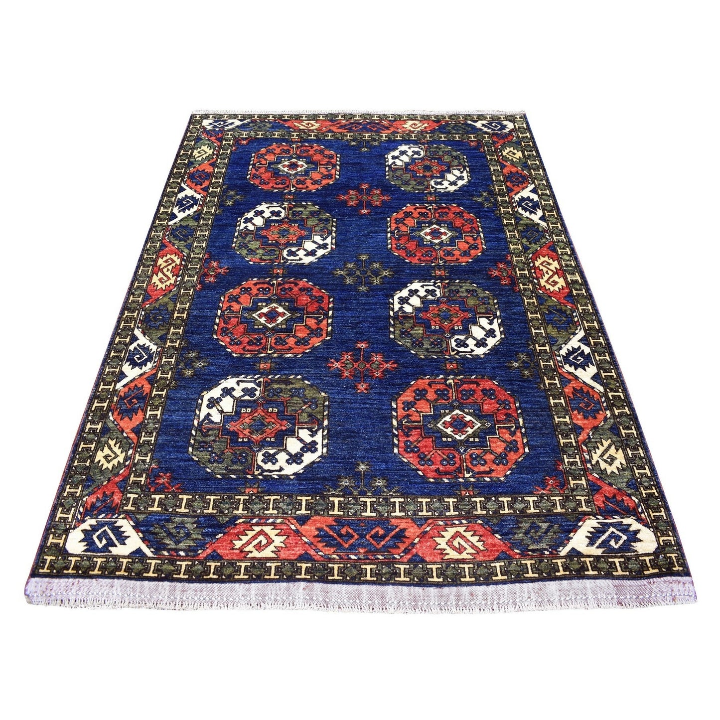 5'X6'10" Afghan Ersari Elephant Feet Design Organic Blue Hand Knotted Rug