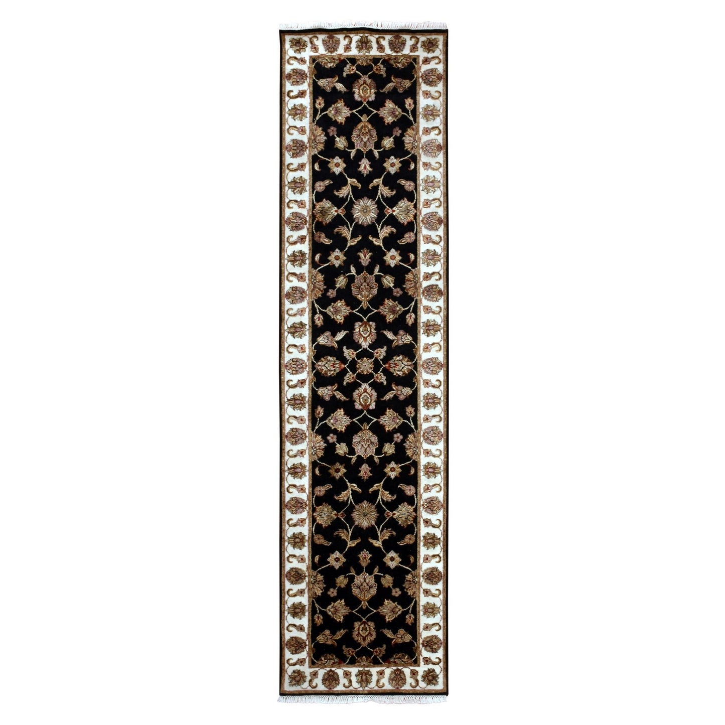 2'6"X10' Tricorn Black Wool Silk Hand Knotted Rajasthan Design Runner Rug