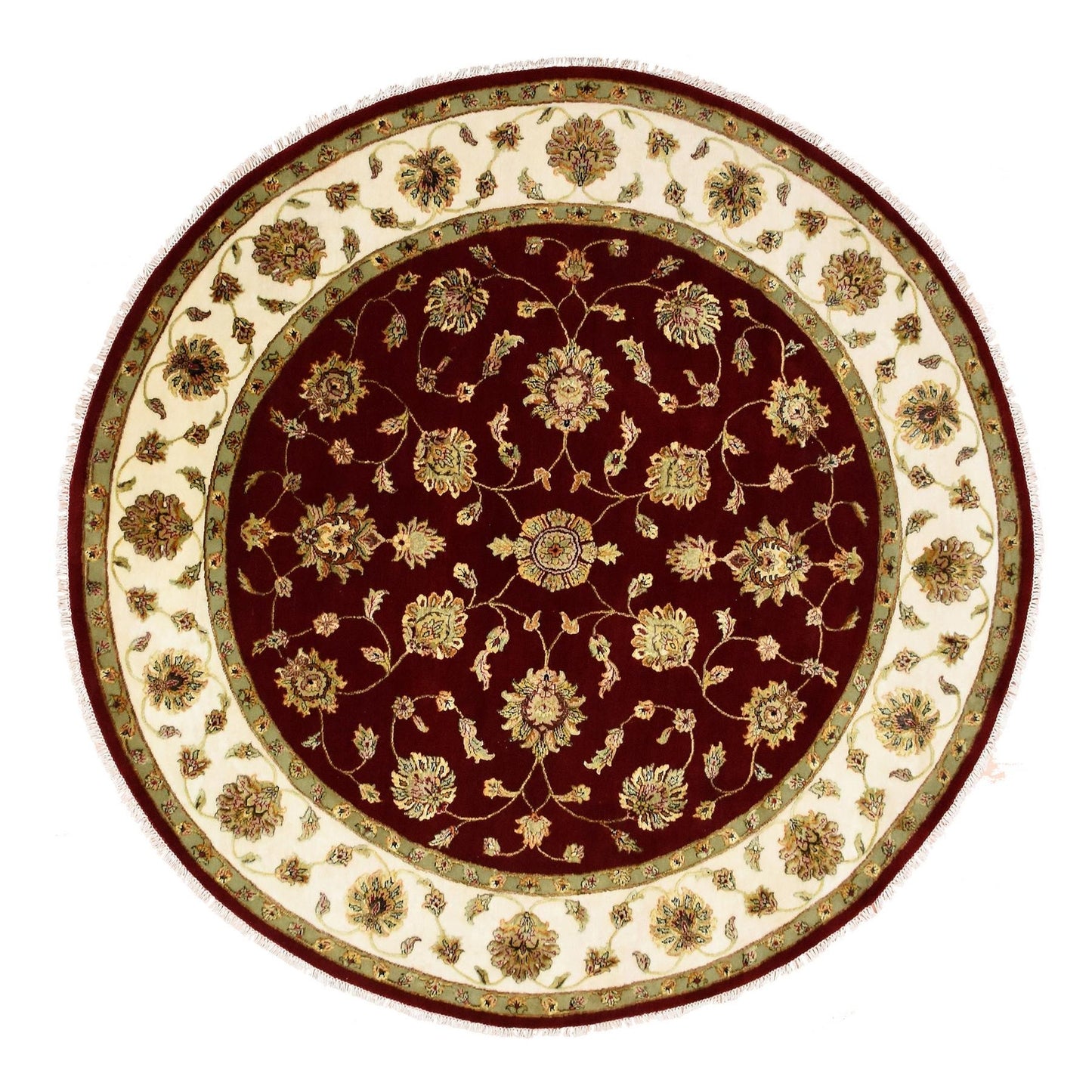 8'X8' Burgundy Red Wool And Silk Hand Knotted Rajasthan Design Round Rug