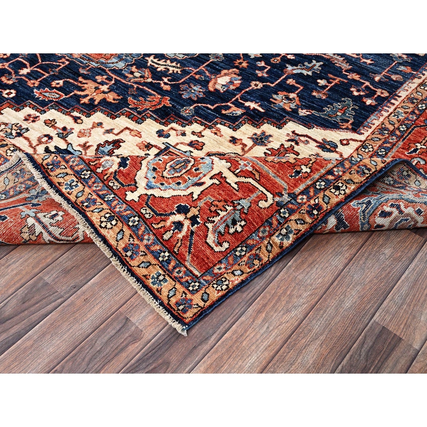 9'2"X12'8" Midnight Blue Seeripe Heris Hand Knotted High Mountain Wool Rug