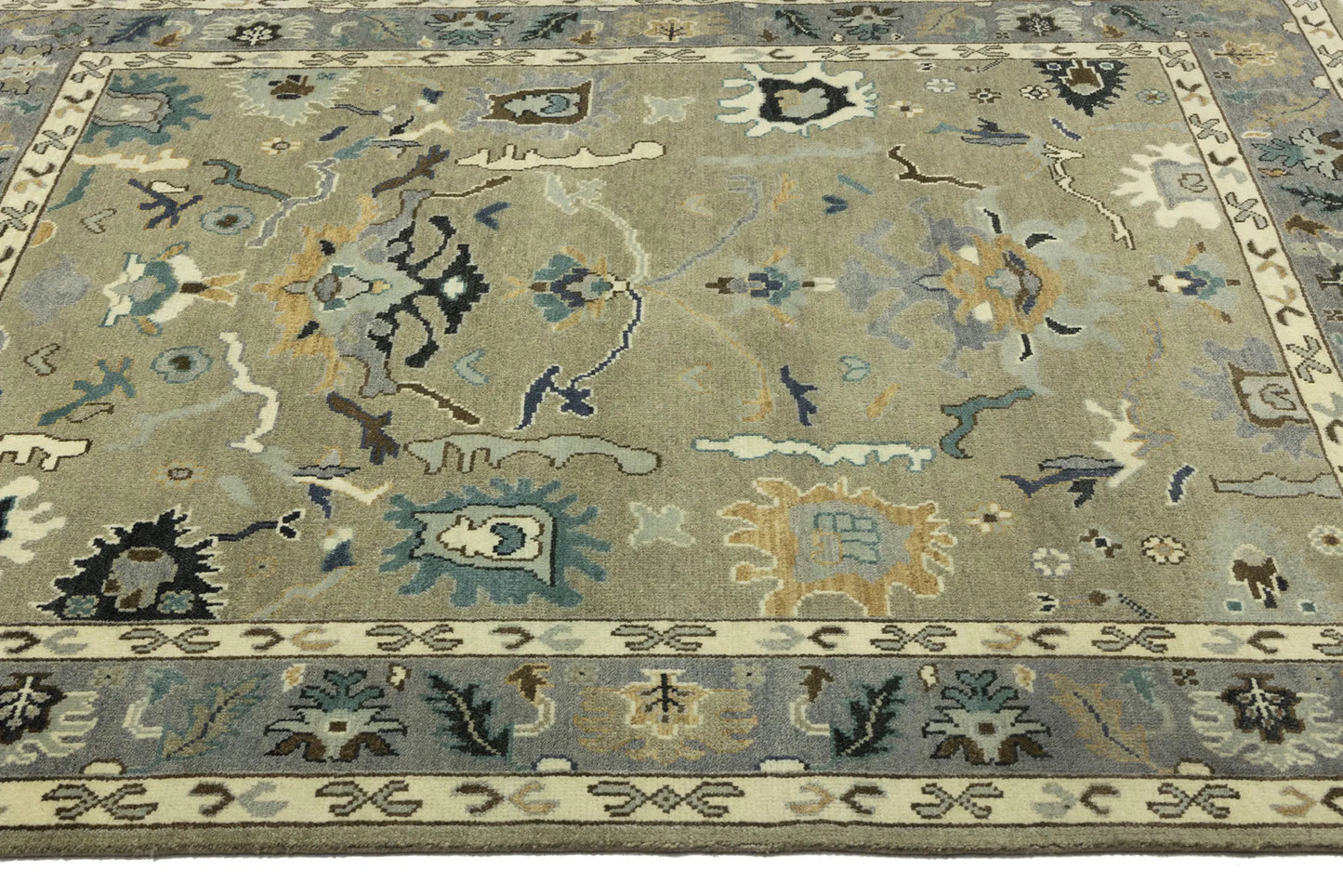 Khaki Floral Oushak Chobi Oriental Rug Handmade