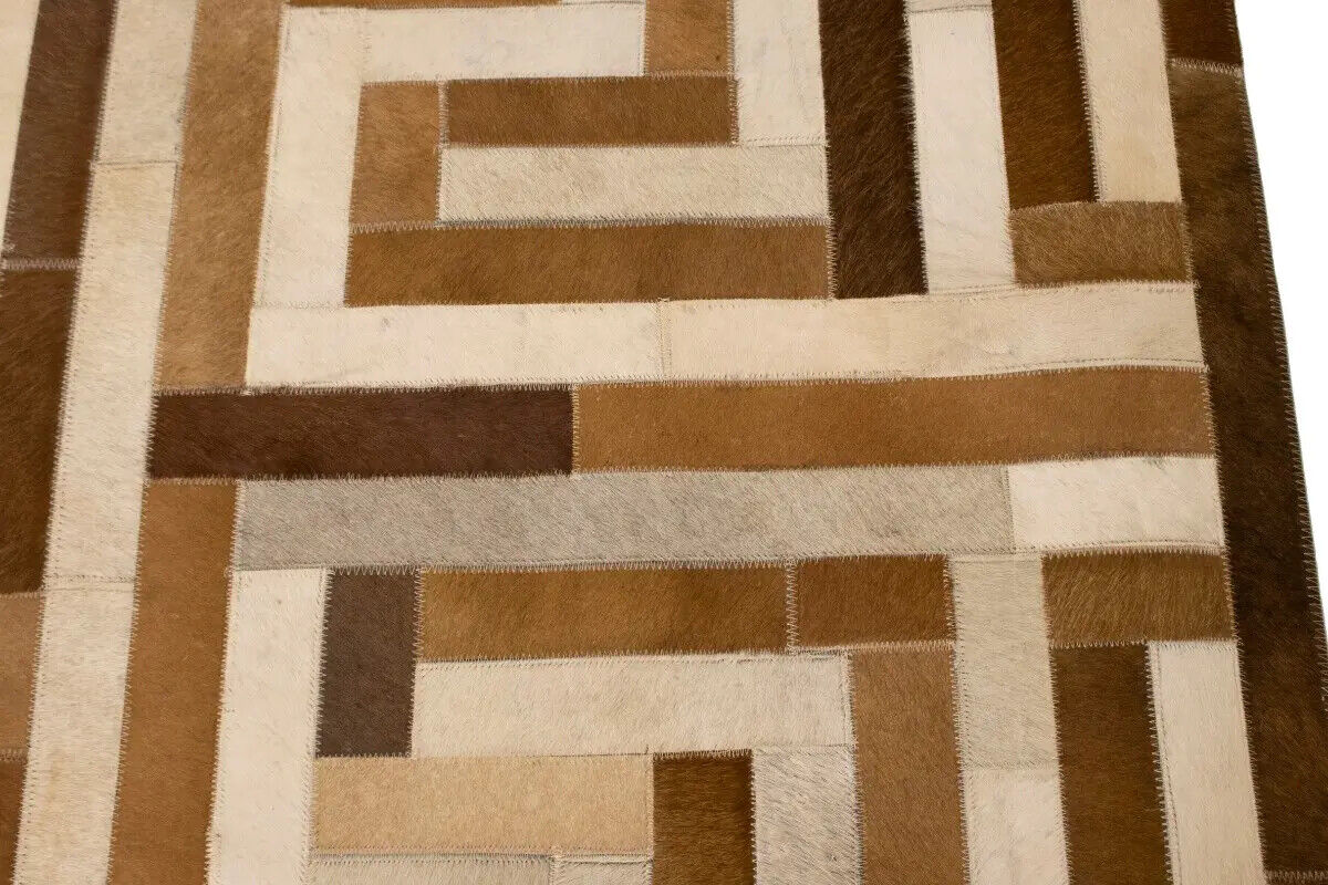 Handcrafted Brown Beige Cowhide Leather Rug