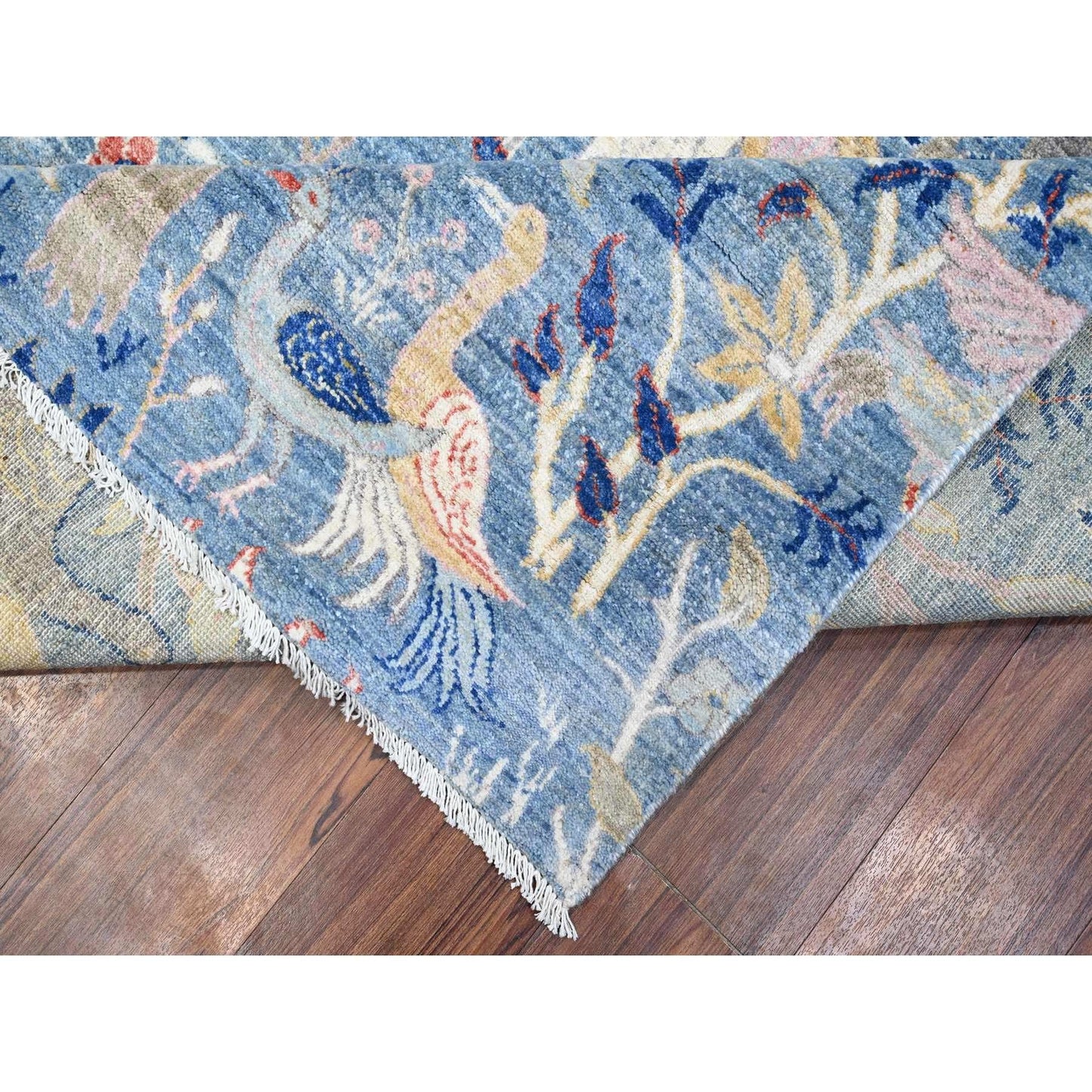 12'X12' Blue Afghan Peshawar Birds Paradise Wool Hand Knotted Square Rug