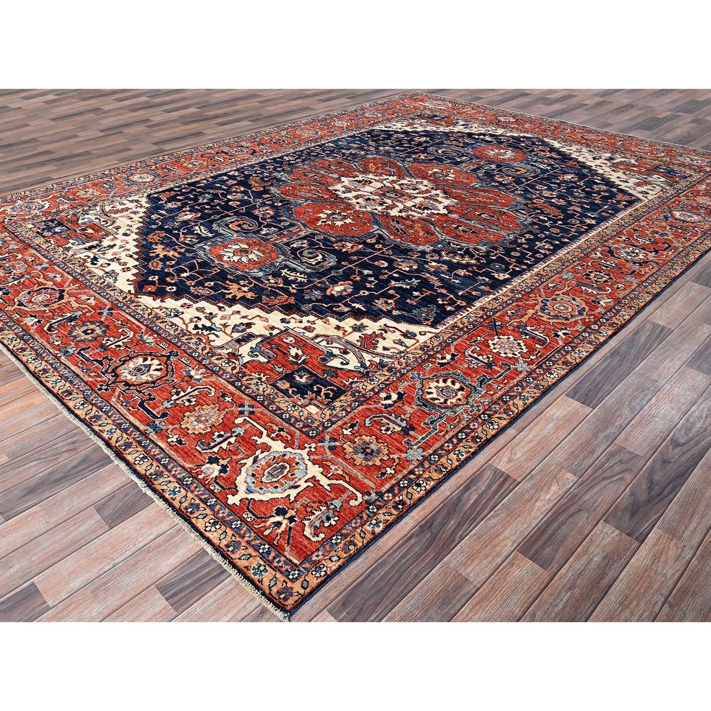 9'2"X12'8" Midnight Blue Seeripe Heris Hand Knotted High Mountain Wool Rug