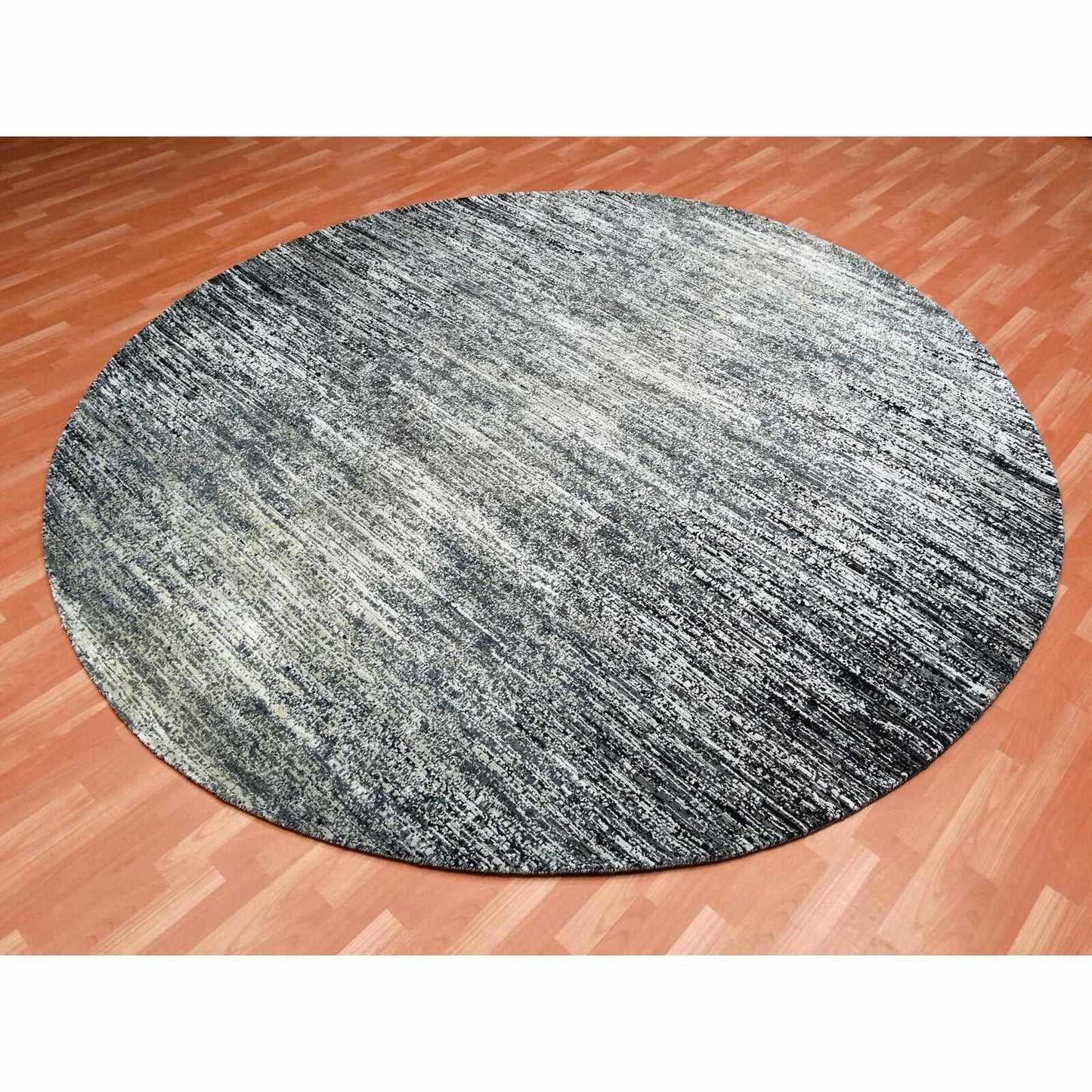 10'X10' Black Striae Design Wool And Silk Hand Knotted Round Rug