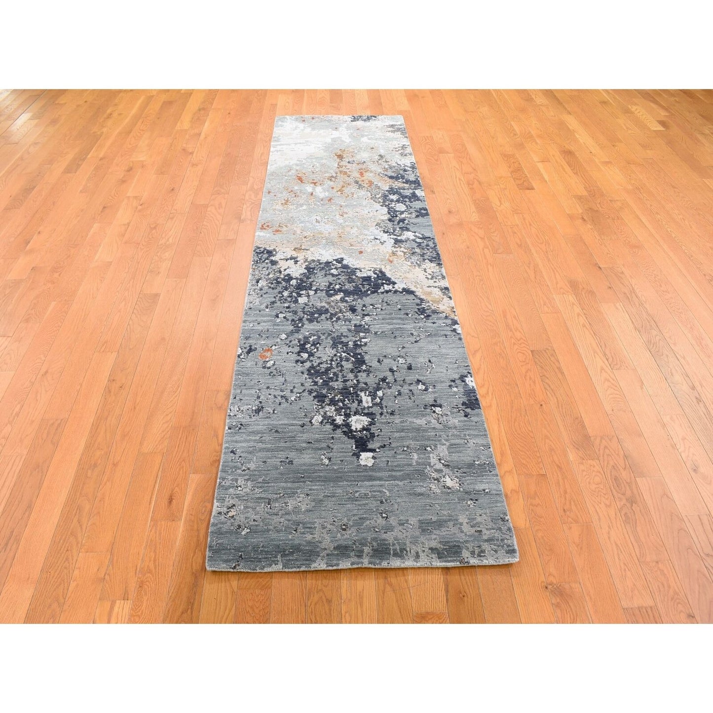 2'6"X10' Dense Weave Abstract Design Wool & Silk Hand Knotted Runner Rug