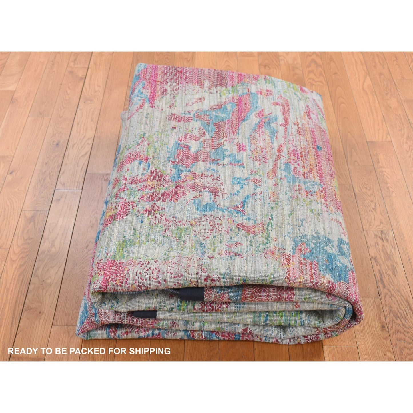 8'10"X12'2" Gray Abstract Design Sari Silk With Wool Hand Knotted Rug