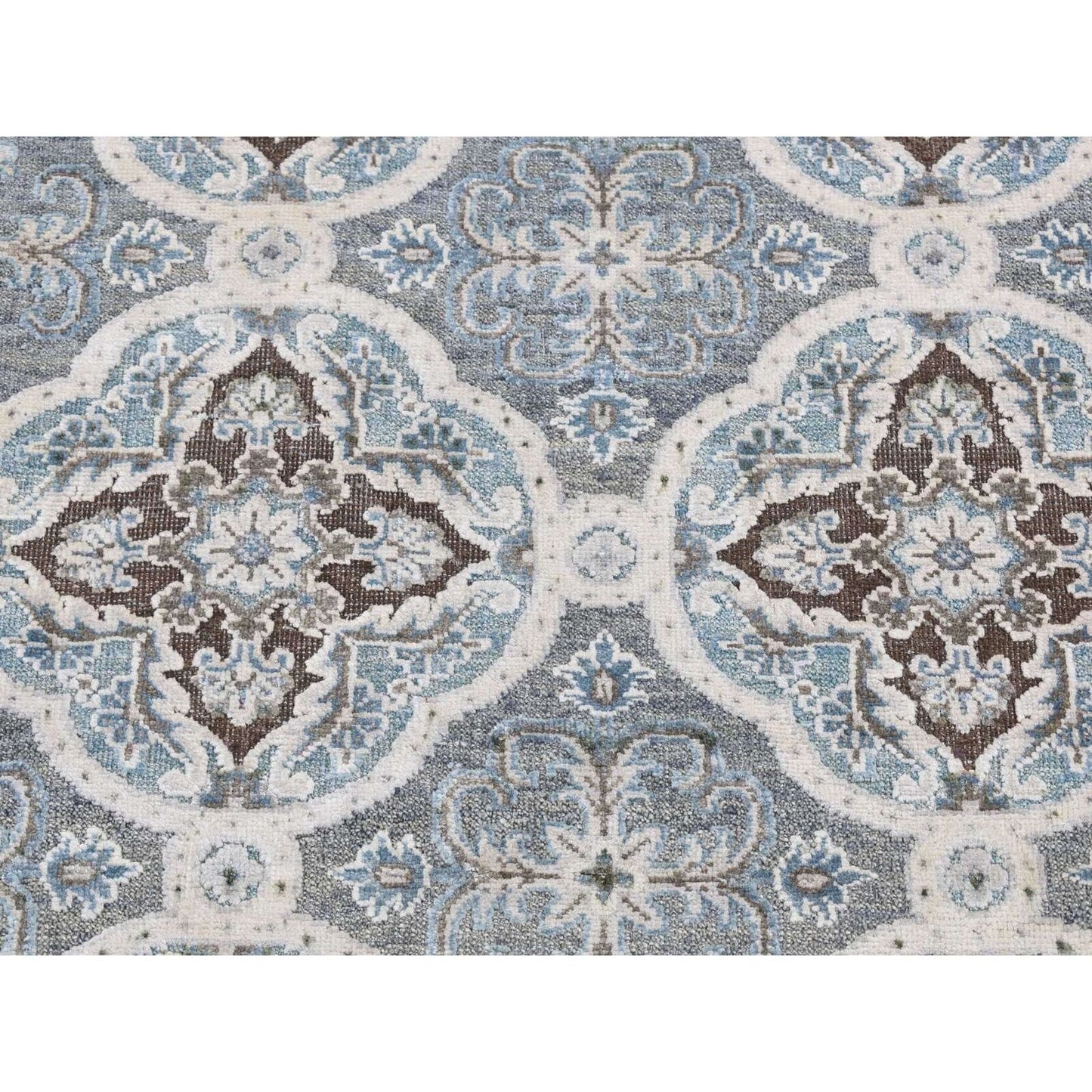 2'7"X9'10" Gray Mughal Design Silk With Wool Hand Knotted Runner Rug
