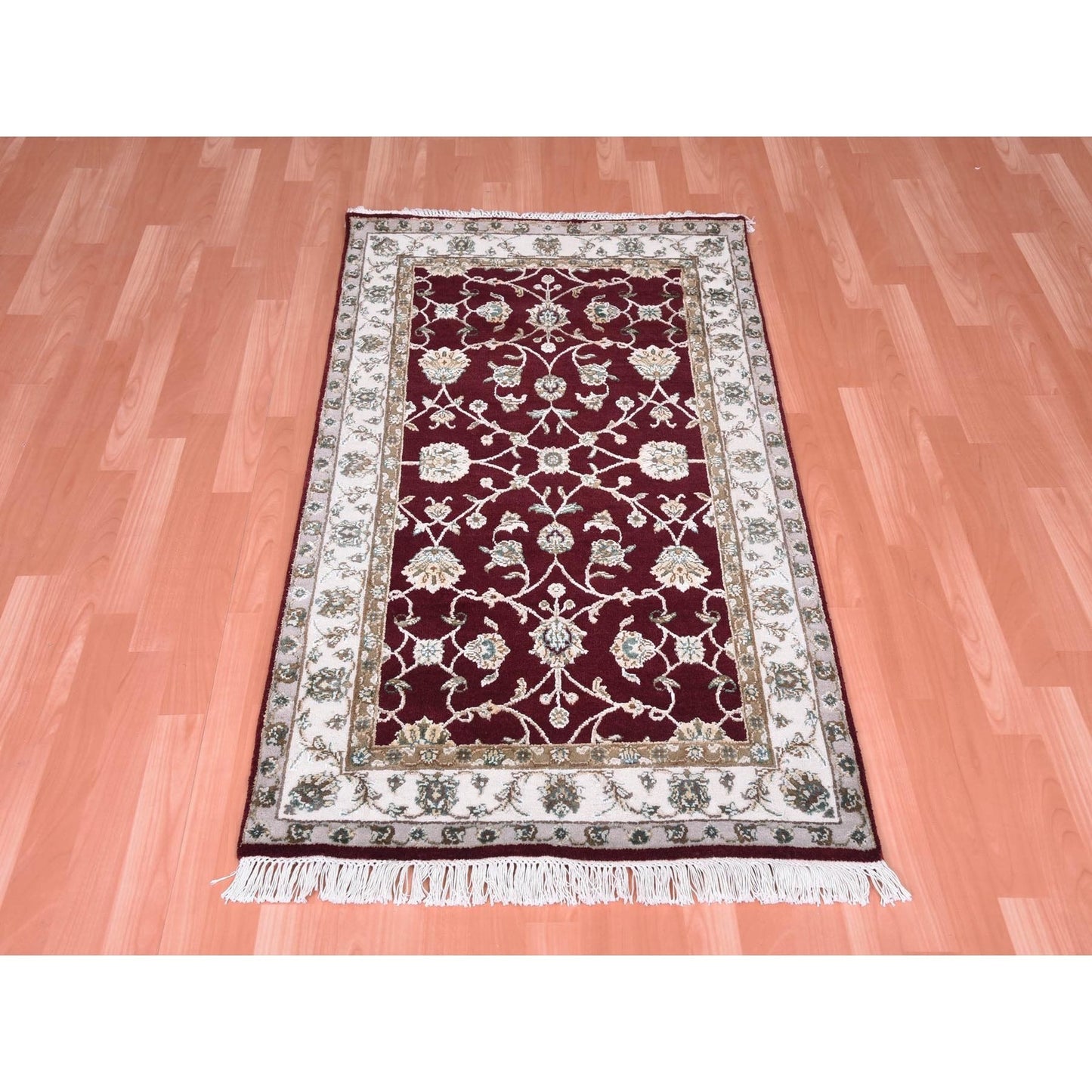 3'X5' Red Thick And Plush Wool And Silk Hand Knotted Rajasthan Rug